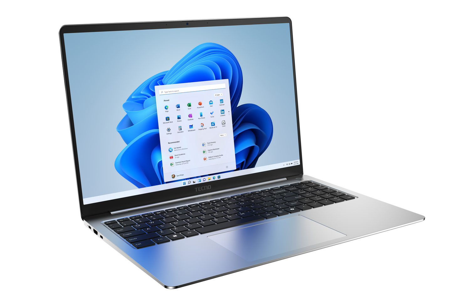 Un portátil plateado que muestra el menú de inicio de Windows 11 en su pantalla.