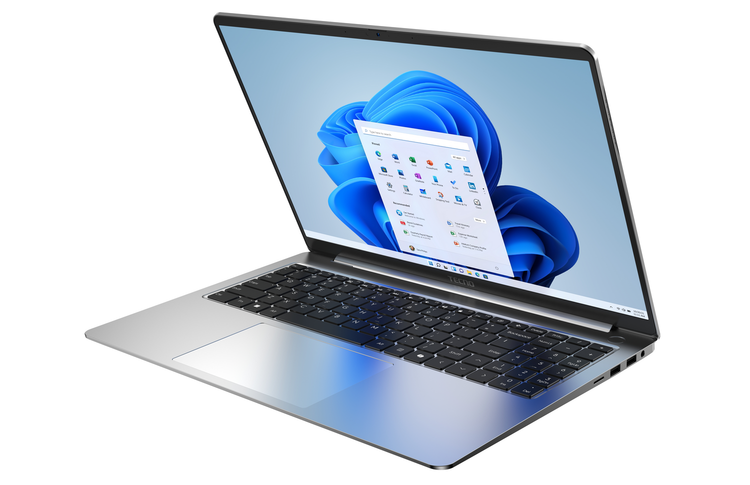 Un portátil plateado con la pantalla abierta, mostrando el menú de inicio de Windows 11.