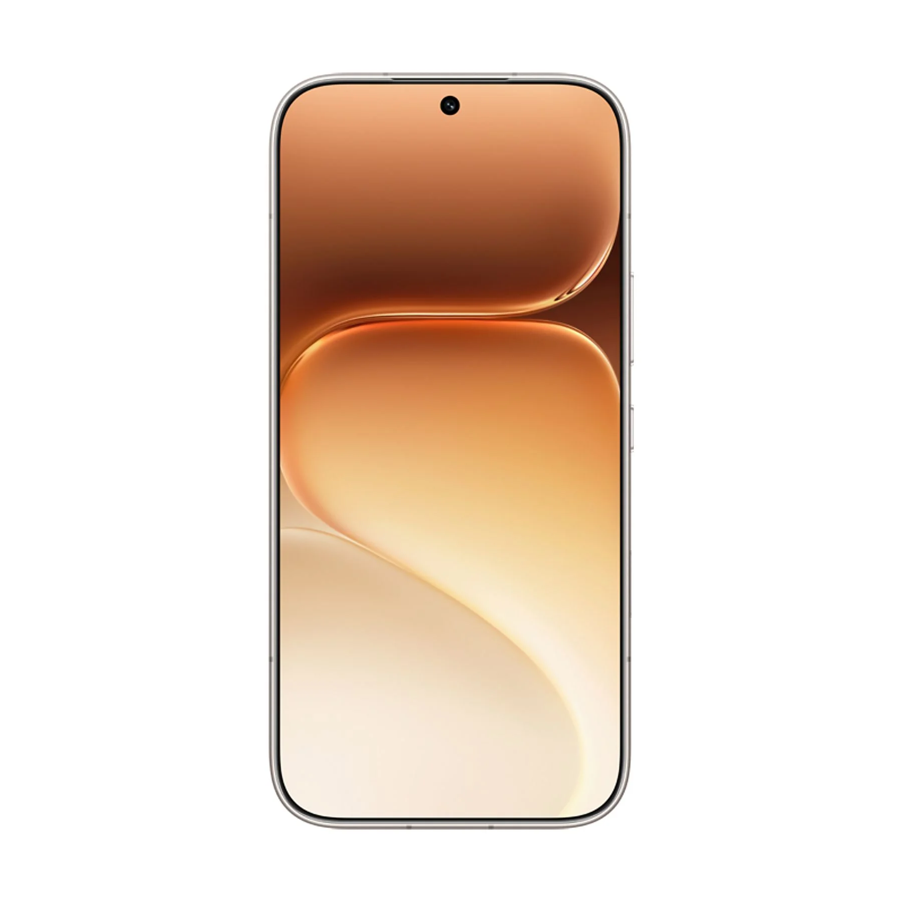 Un smartphone moderno con marco plateado y pantalla de fondo dorado.