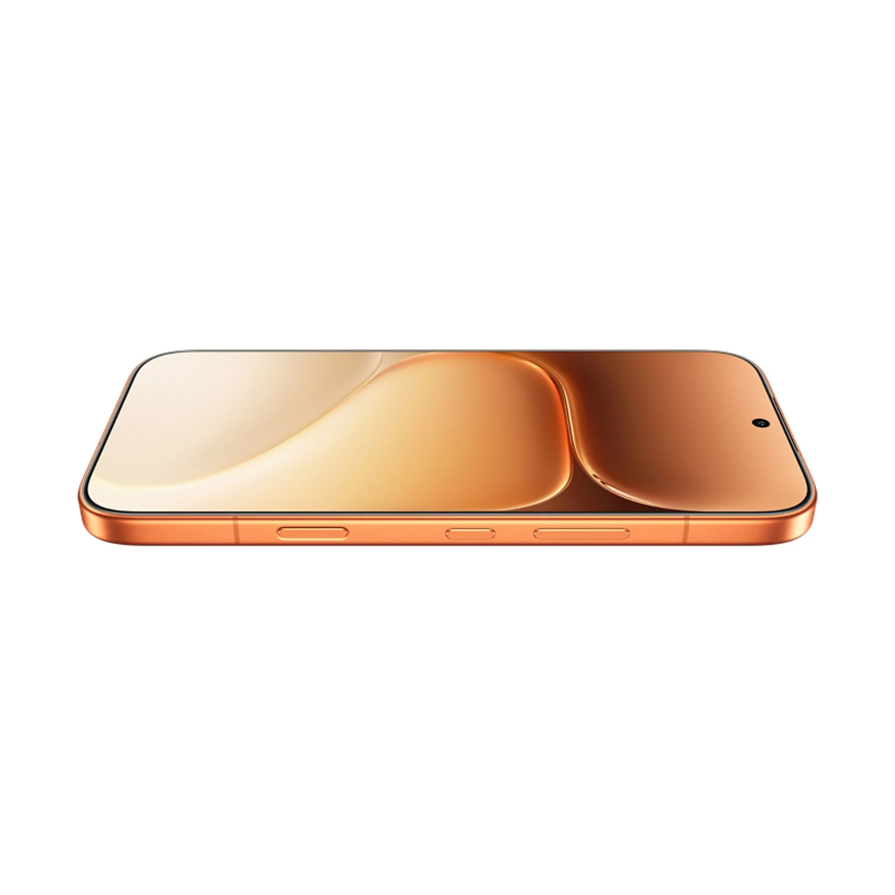Un teléfono inteligente naranja con líneas suaves y curvas en la pantalla.