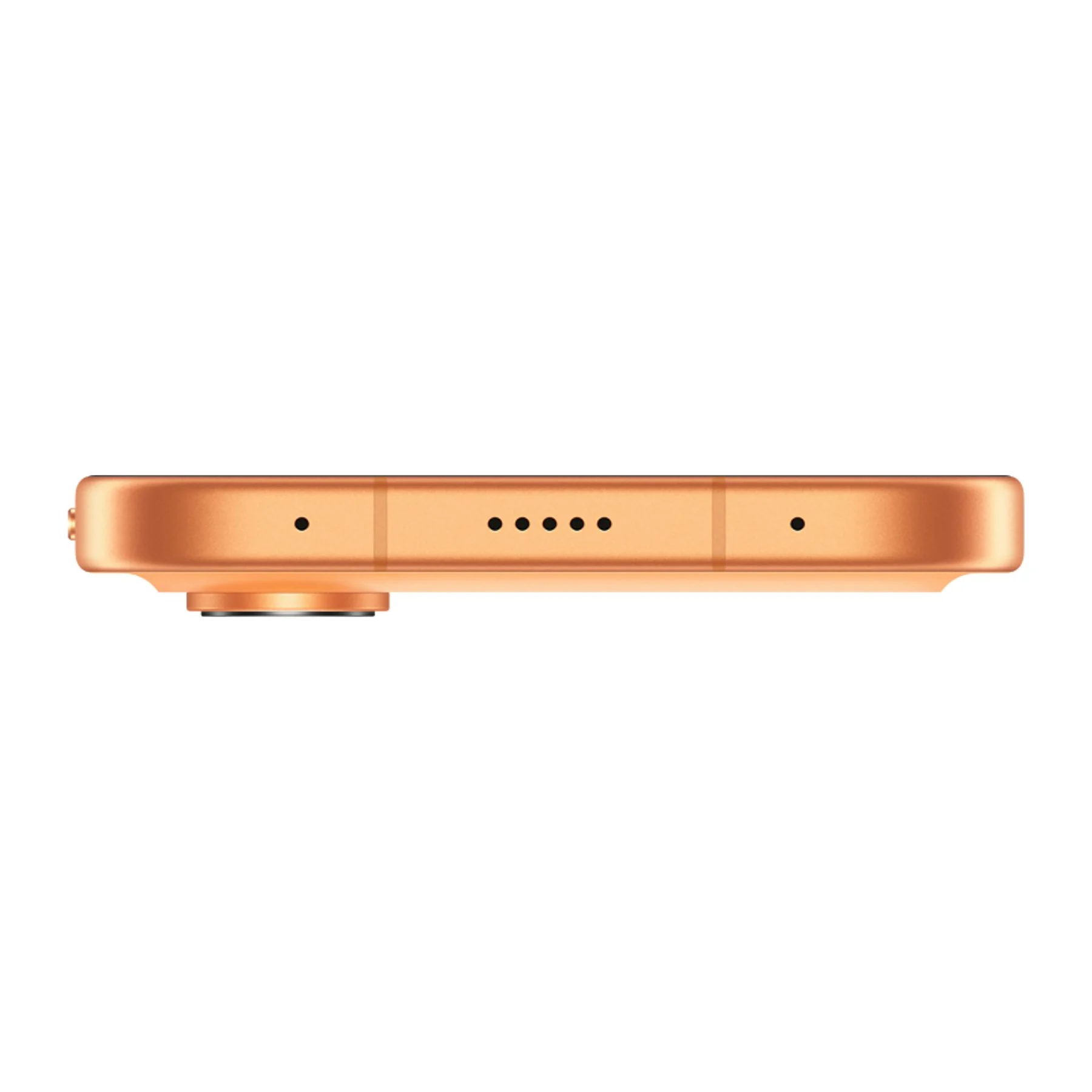 Lado superior de un smartphone bronce con módulo de cámara y puertos de carga.