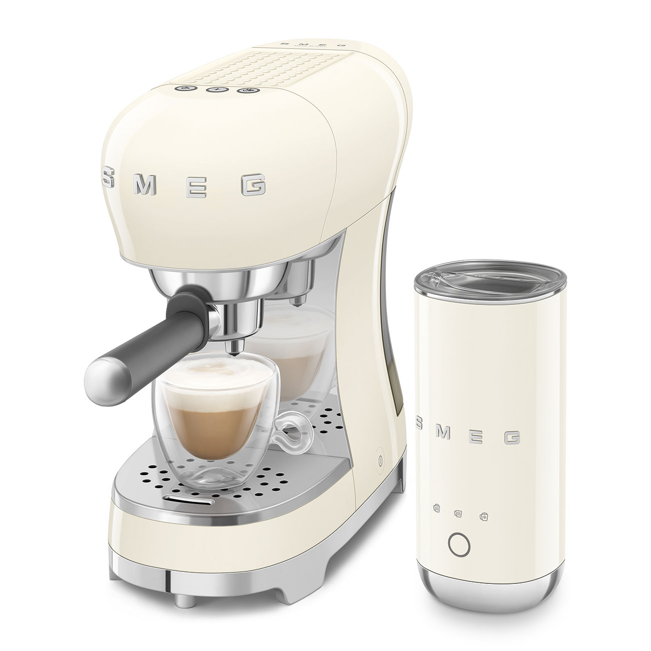 Máquina de espresso color crema con espumador de leche sobre fondo blanco.
