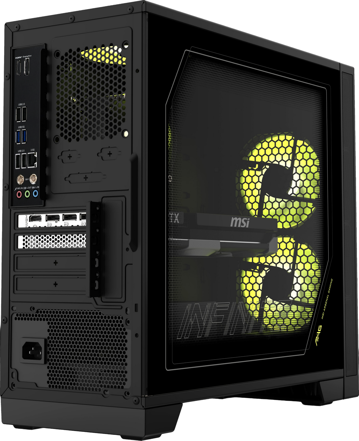 Caja negra de PC con puerto de alimentación, conectores y ventiladores iluminados.
