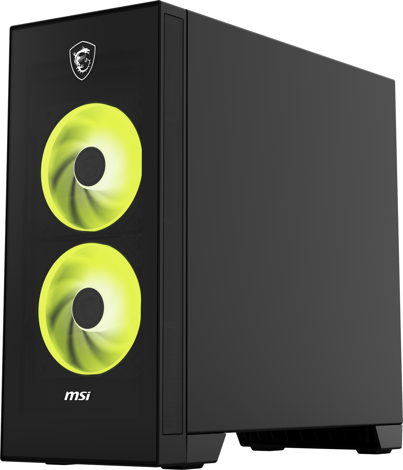Caja de PC negra con dos ventiladores amarillo brillante y logo MSI.