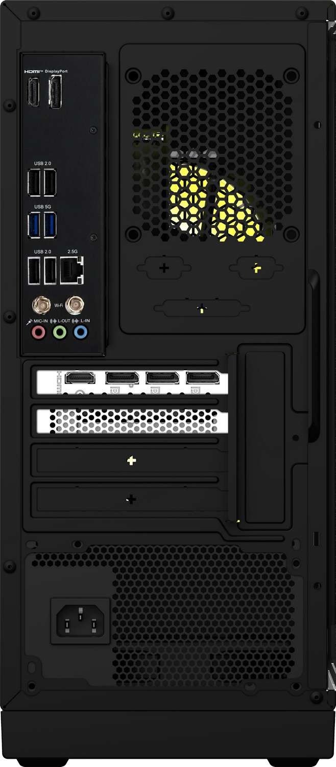 Vista trasera de una caja de ordenador negra con puertos.