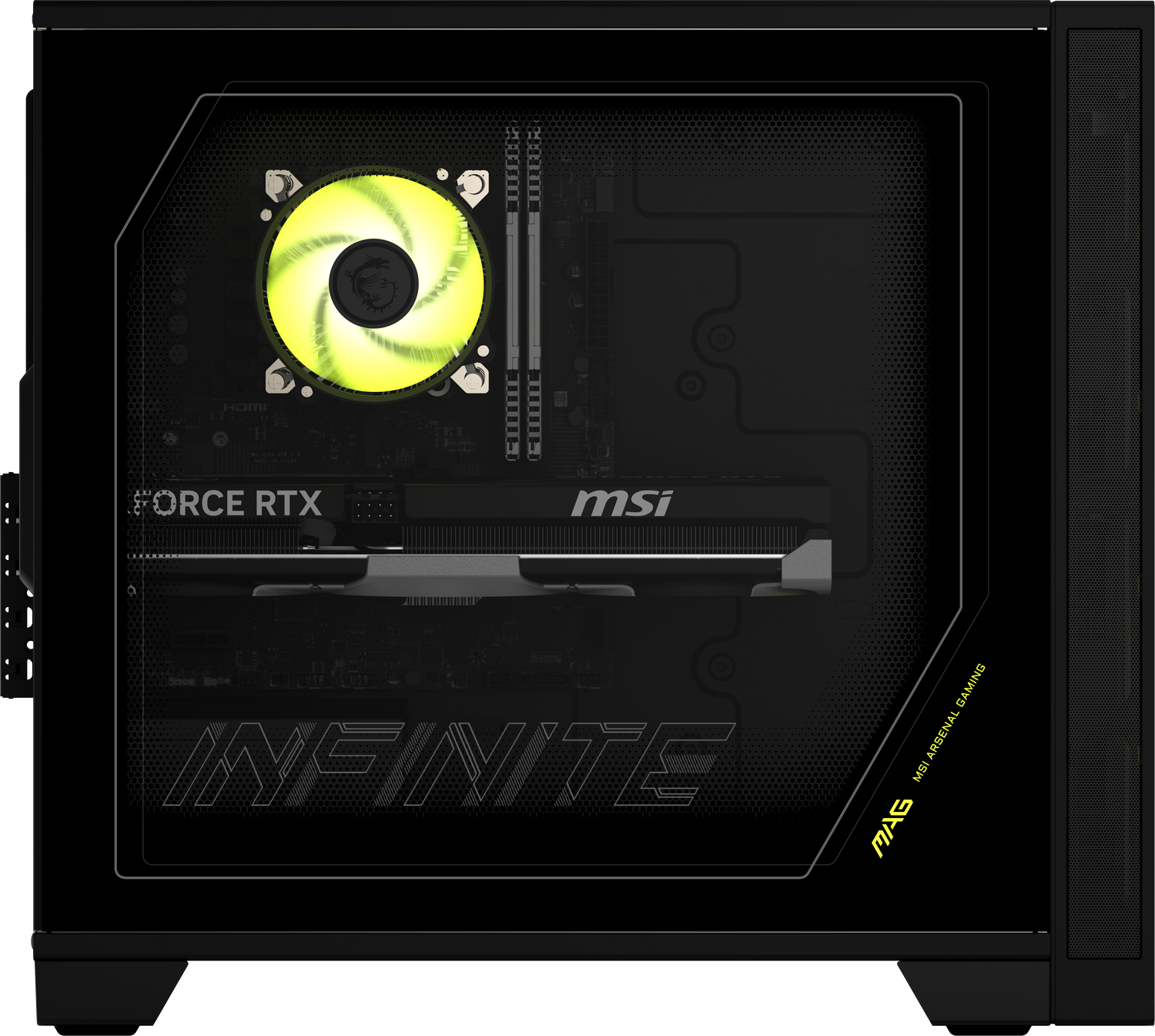 Una caja de PC con ventana lateral transparente muestra ventiladores iluminados, tarjeta gráfica y placa base.