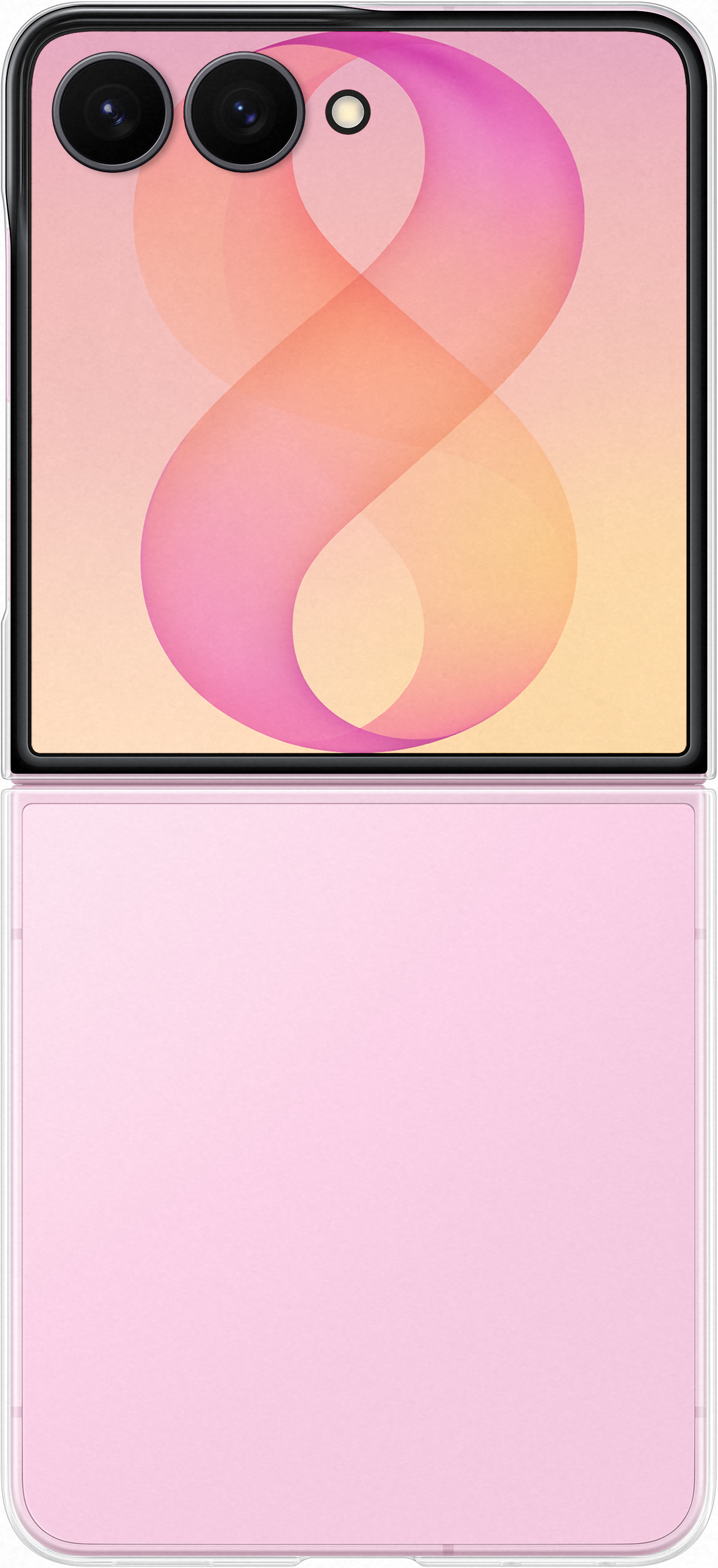 Uno smartphone con una grafica astratta rosa-arancio e due obiettivi.
