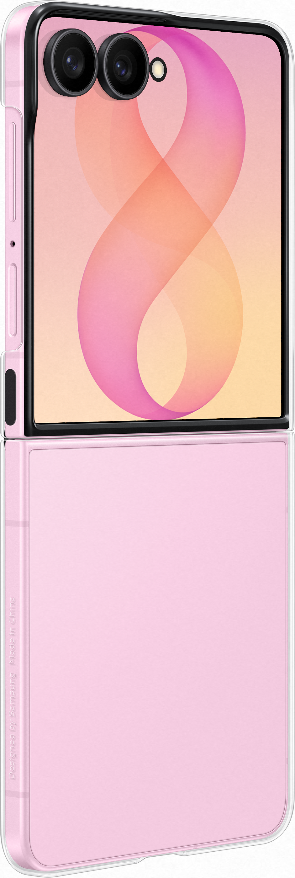 Un telefono flip rosa chiuso con fotocamere e uno sfondo luminoso.