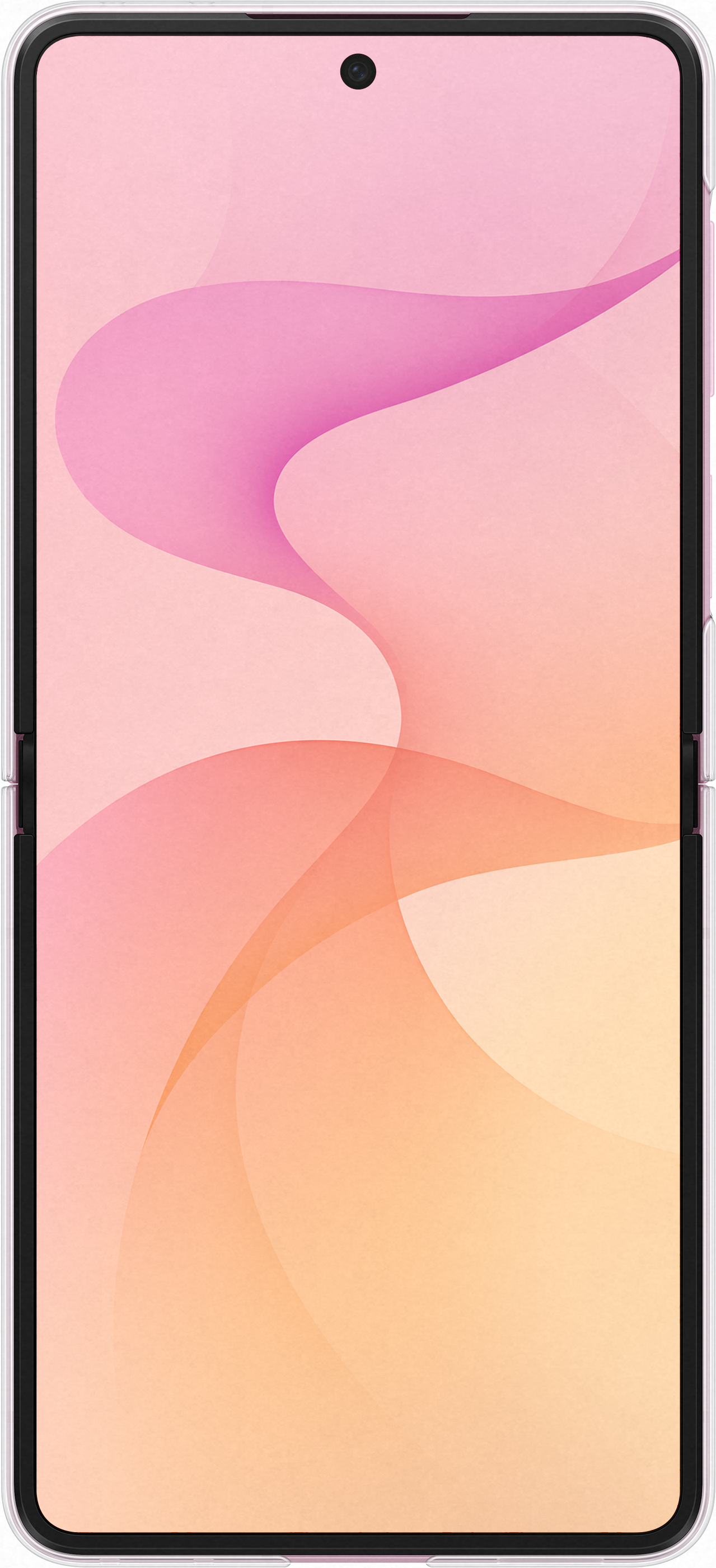 Uno smartphone verticale mostra uno sfondo astratto rosa e arancione.
