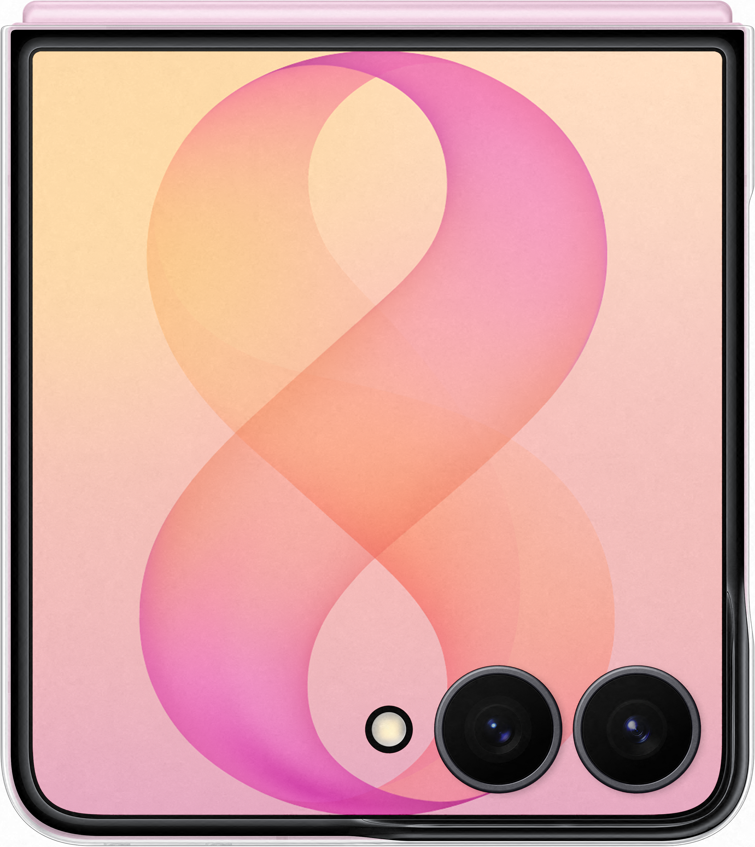 Uno smartphone rosa che mostra un simbolo dell'infinito in tonalità arancio e rosa.