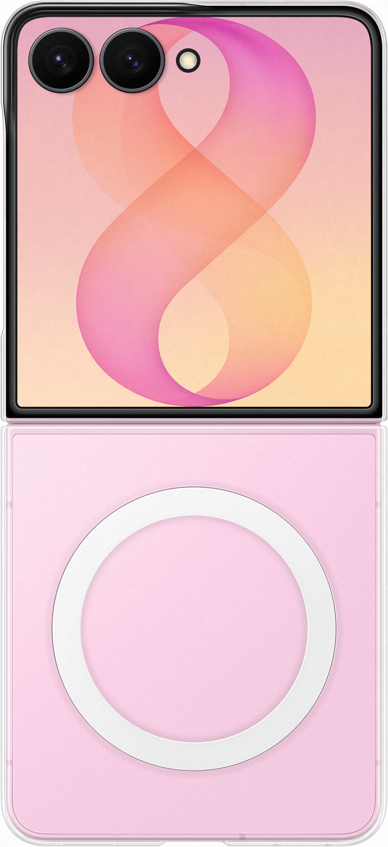 Un telefono rosa con motivo arancione e rosa e due fotocamere in alto.