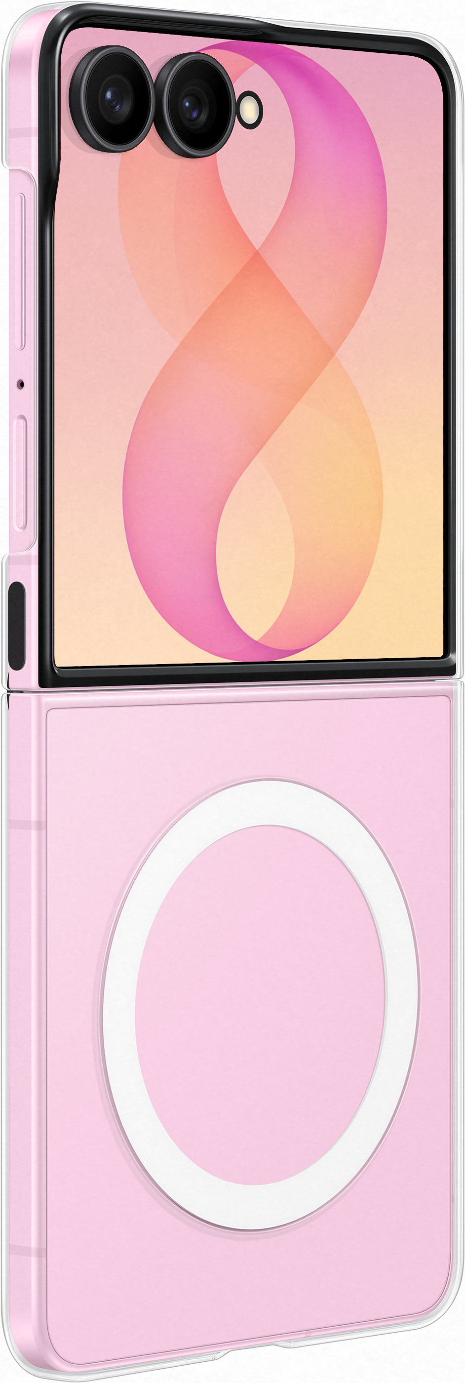 Un telefono flip rosa con due fotocamere e uno schema astratto sullo schermo.