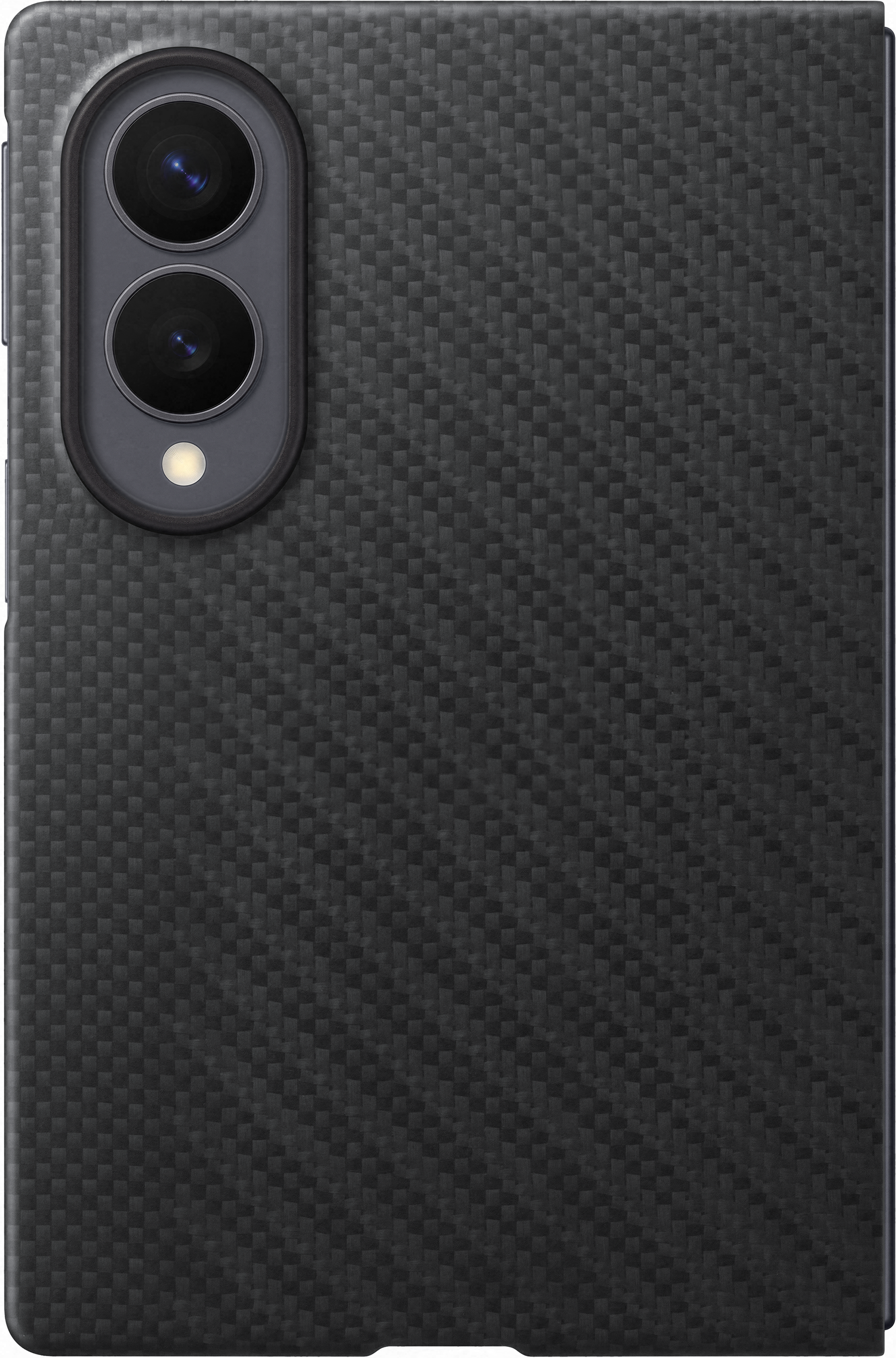 Cover nera per telefono con motivo in fibra di carbonio e due lenti.