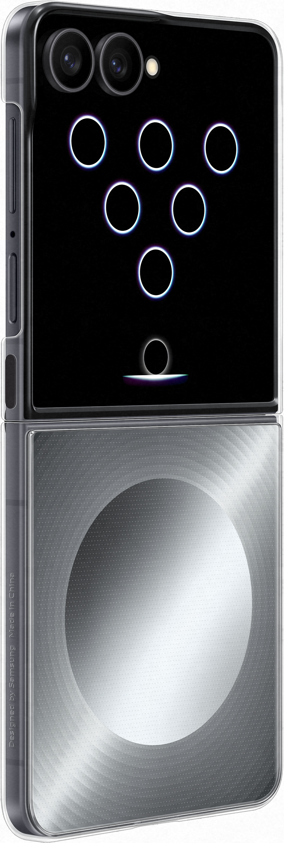 Uno smartphone chiuso con due fotocamere e anelli sul suo schermo nero.