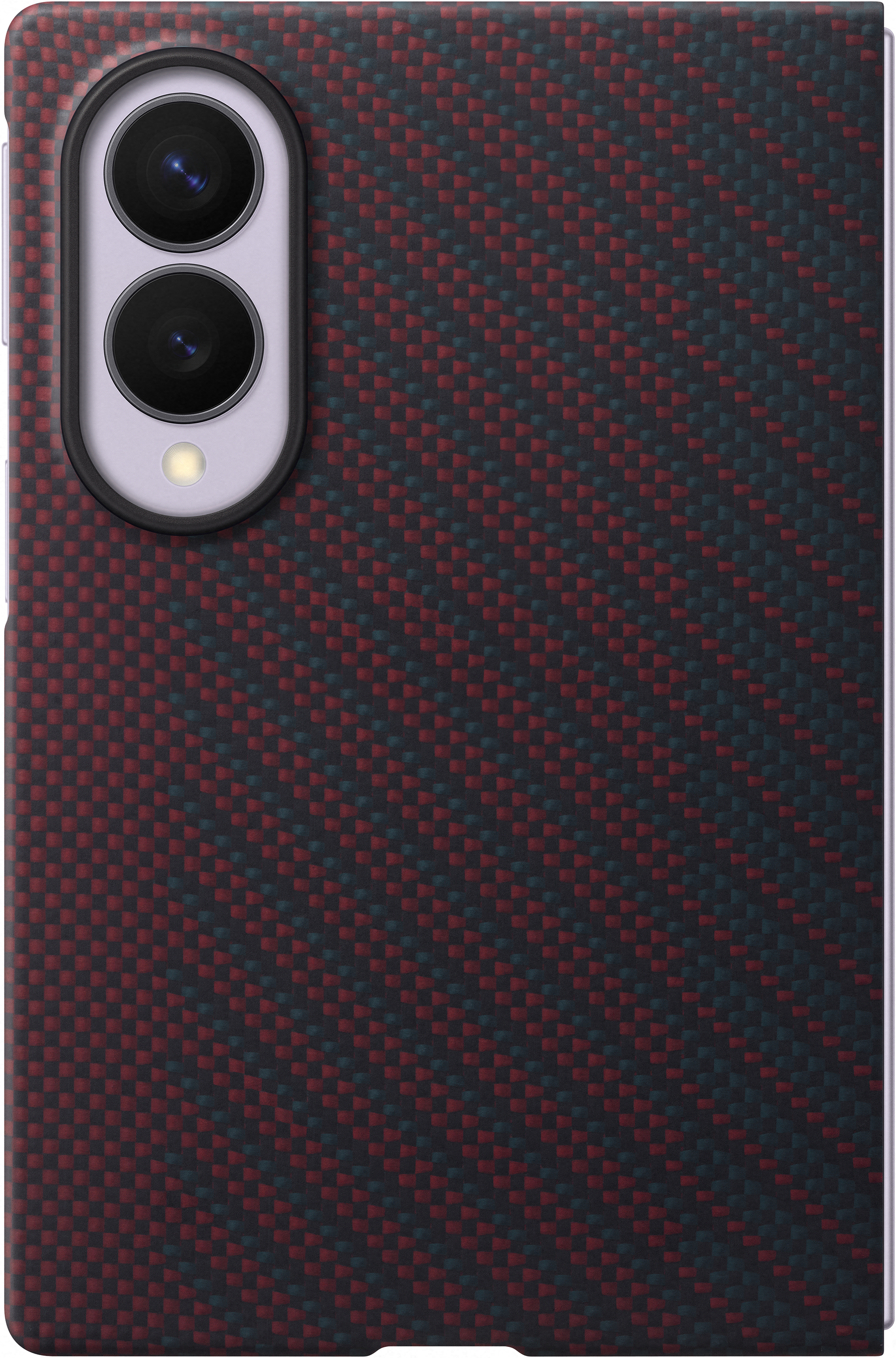 Retro di uno smartphone con motivo in carbonio rosso e verde scuro, modulo fotocamera.