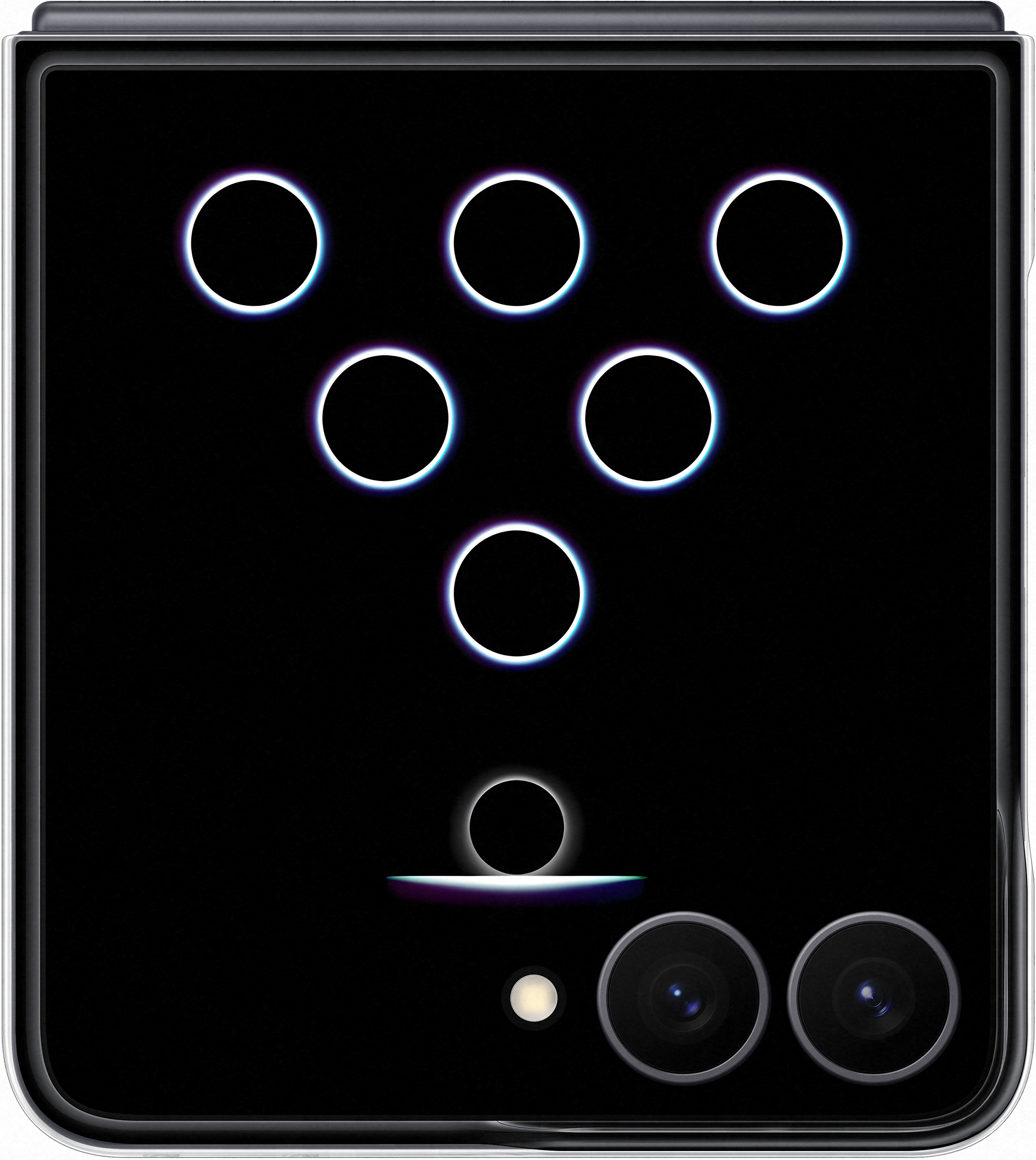 Retro di uno smartphone nero con sei luci circolari e due fotocamere.