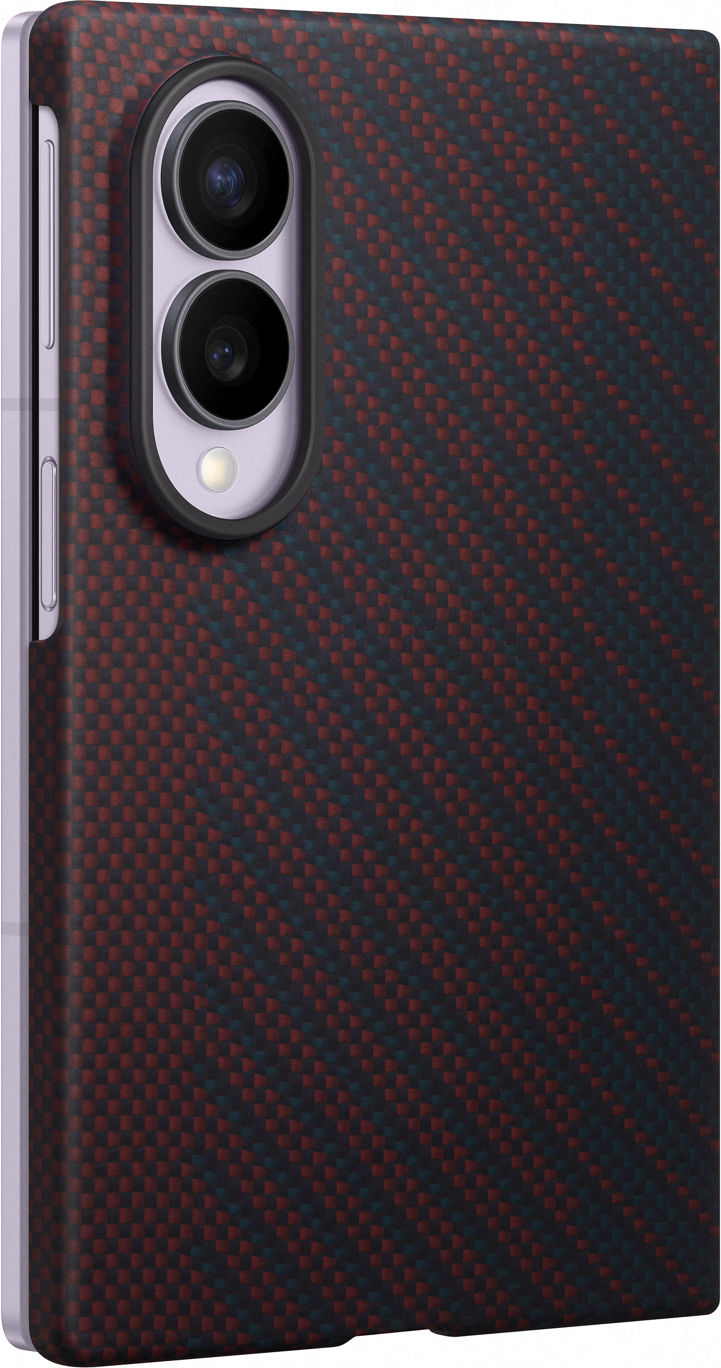 Retro di uno smartphone con motivo in carbonio rosso e blu.