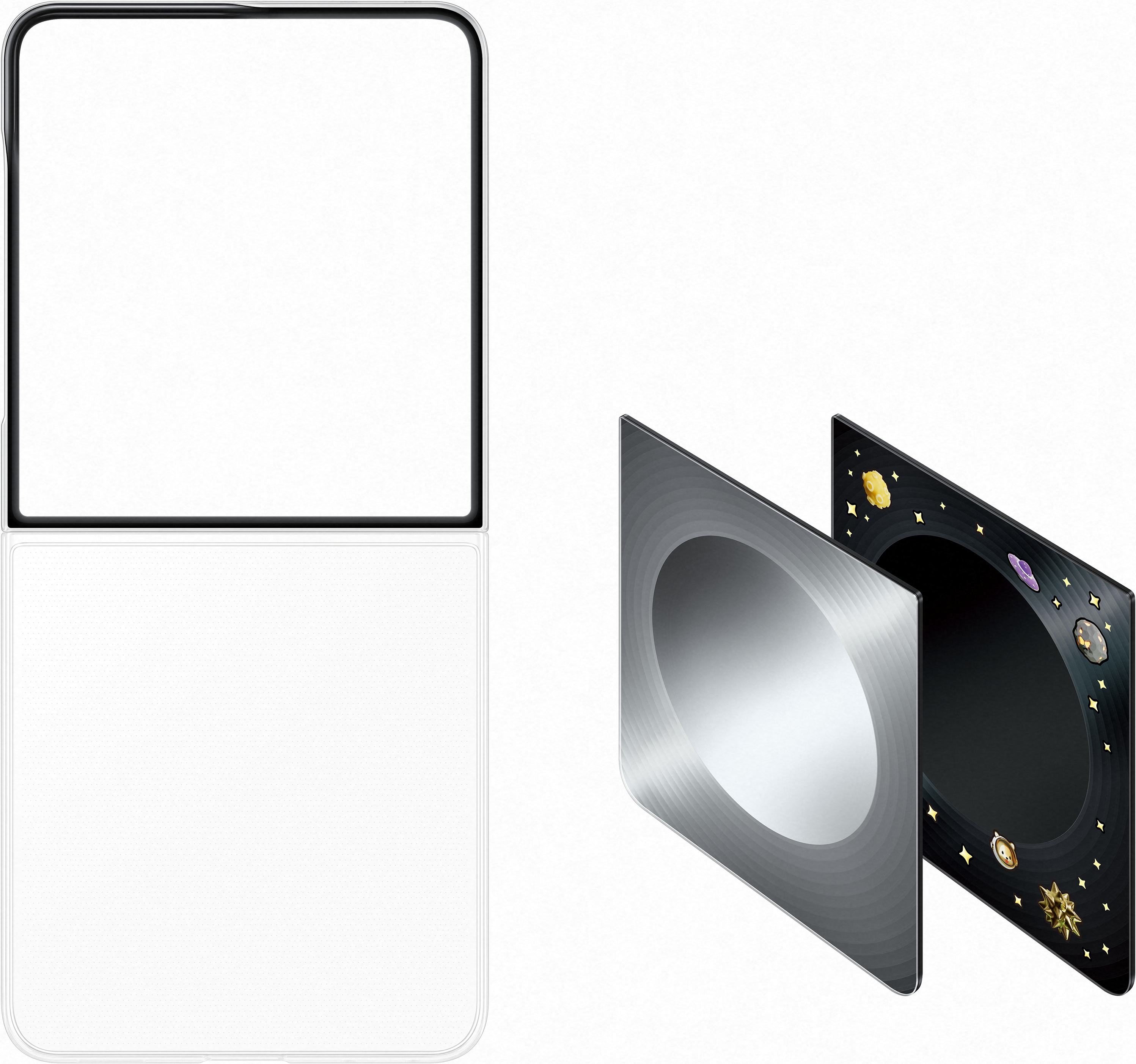 Uno schermo per smartphone e un pannello di design cosmico con stelle e pianeti.