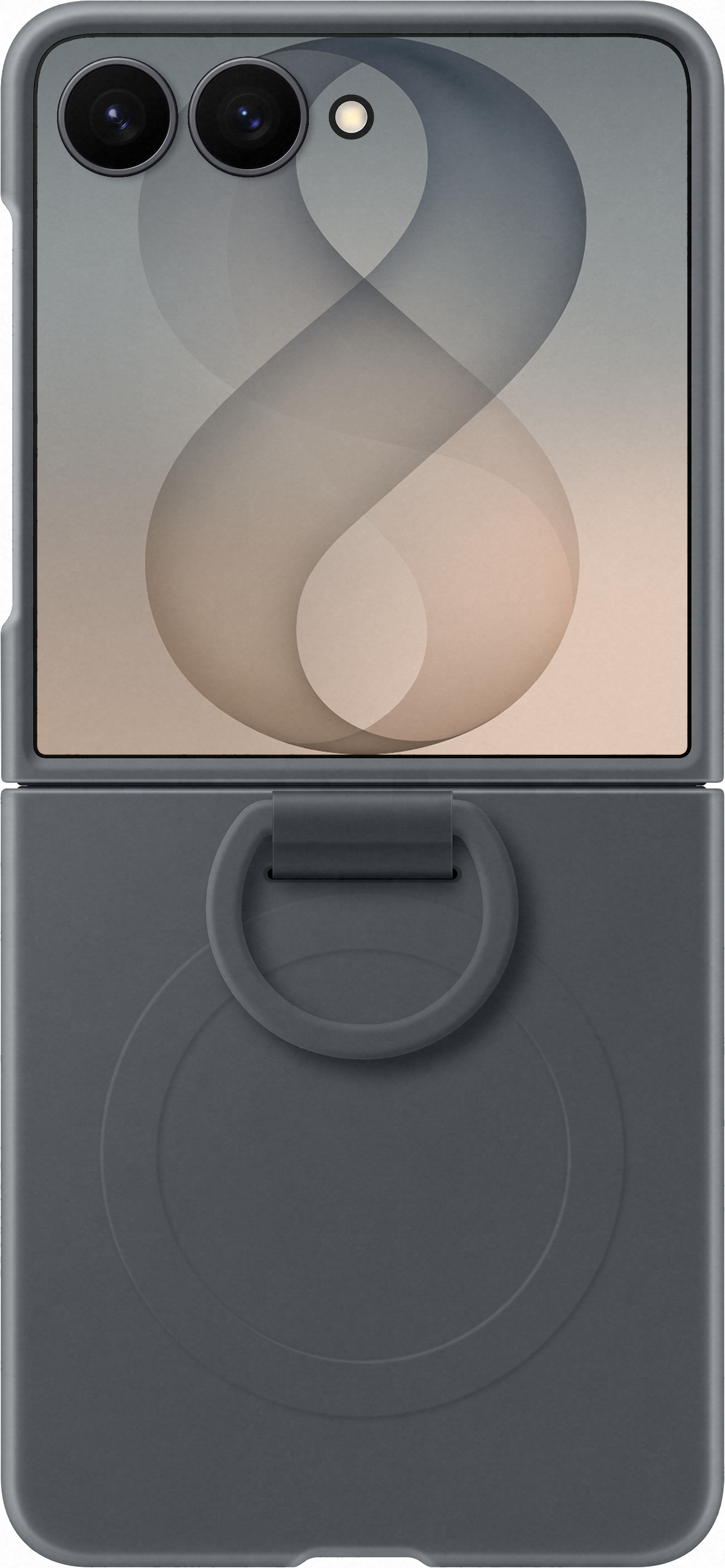 Telefono a conchiglia grigio con due fotocamere in alto e un anello porta.