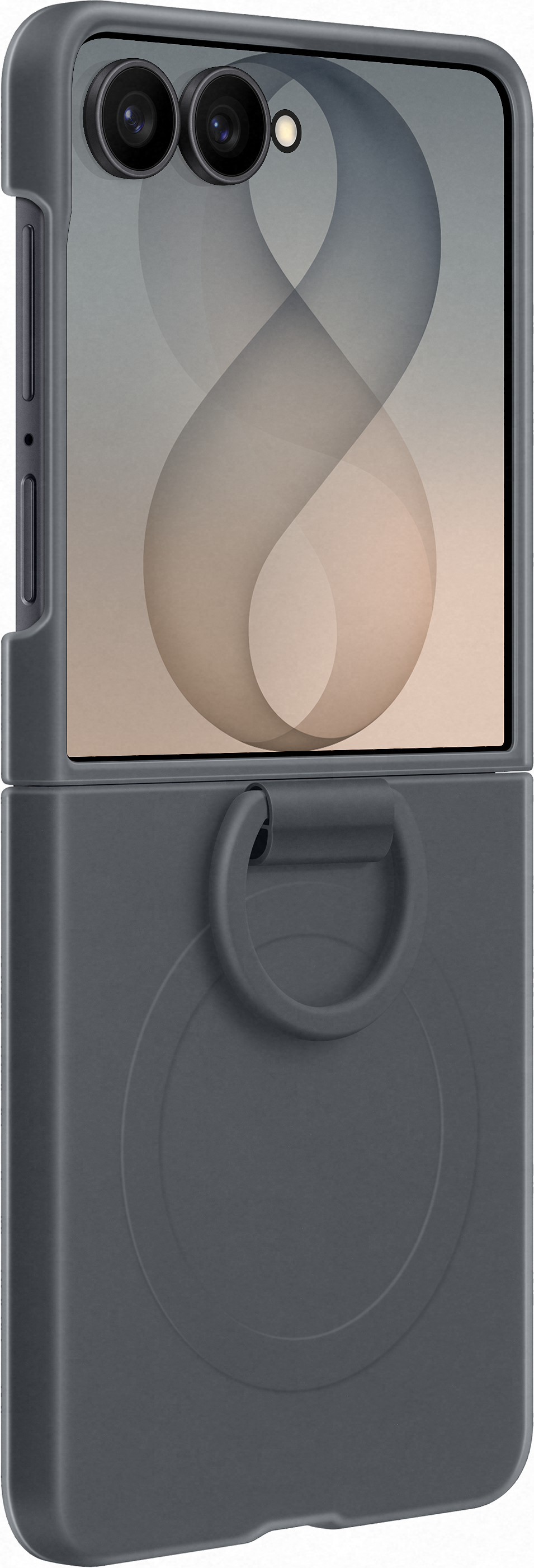 Telefono flip grigio con modulo doppia fotocamera e anello di presa in basso.