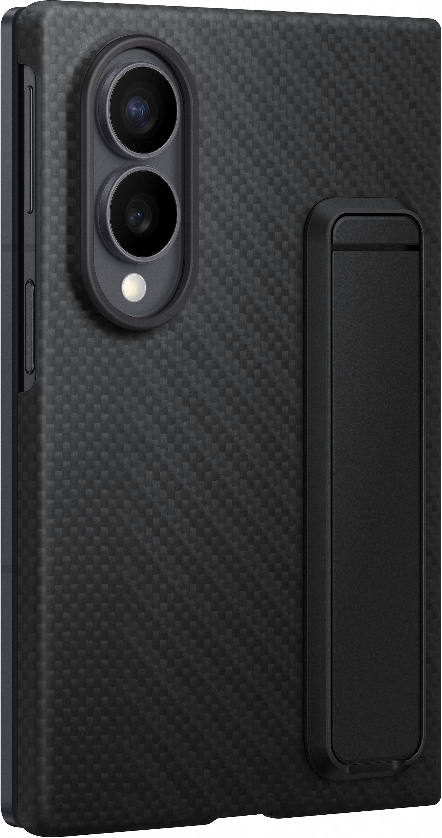 Telefono nero con cover in fibra di carbonio e cavalletto integrato.