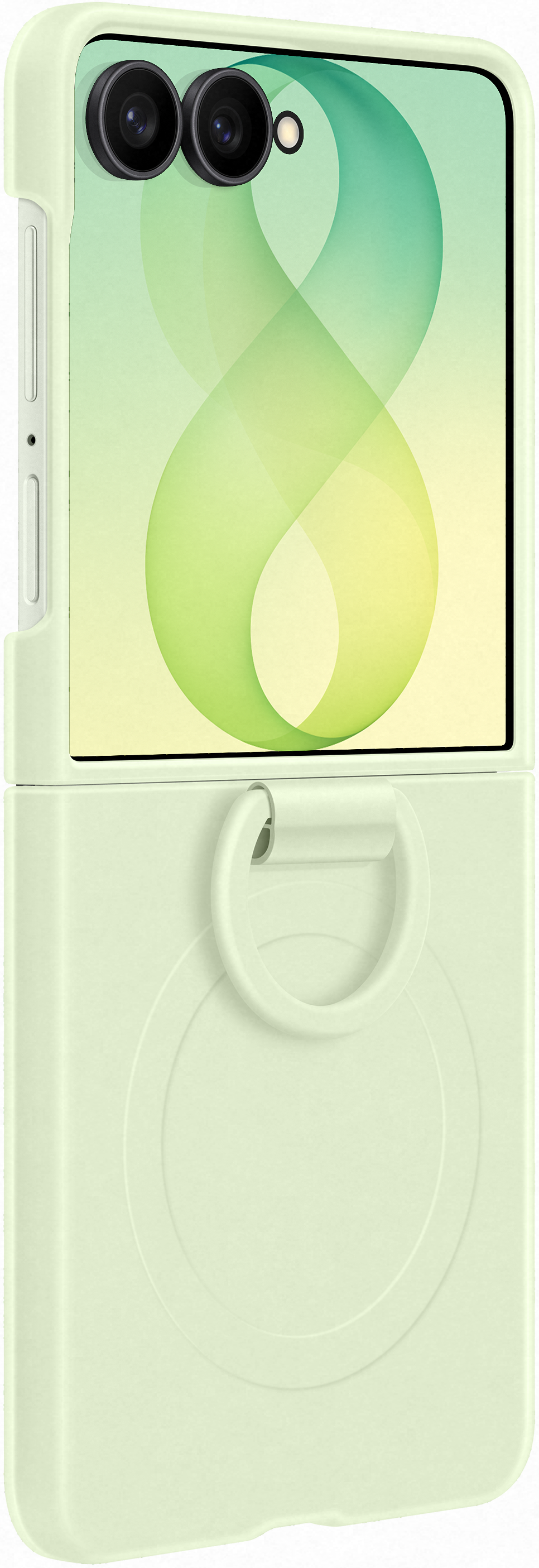 Un telefono flip verde chiaro con obiettivo a doppia fotocamera e impugnatura ad anello.
