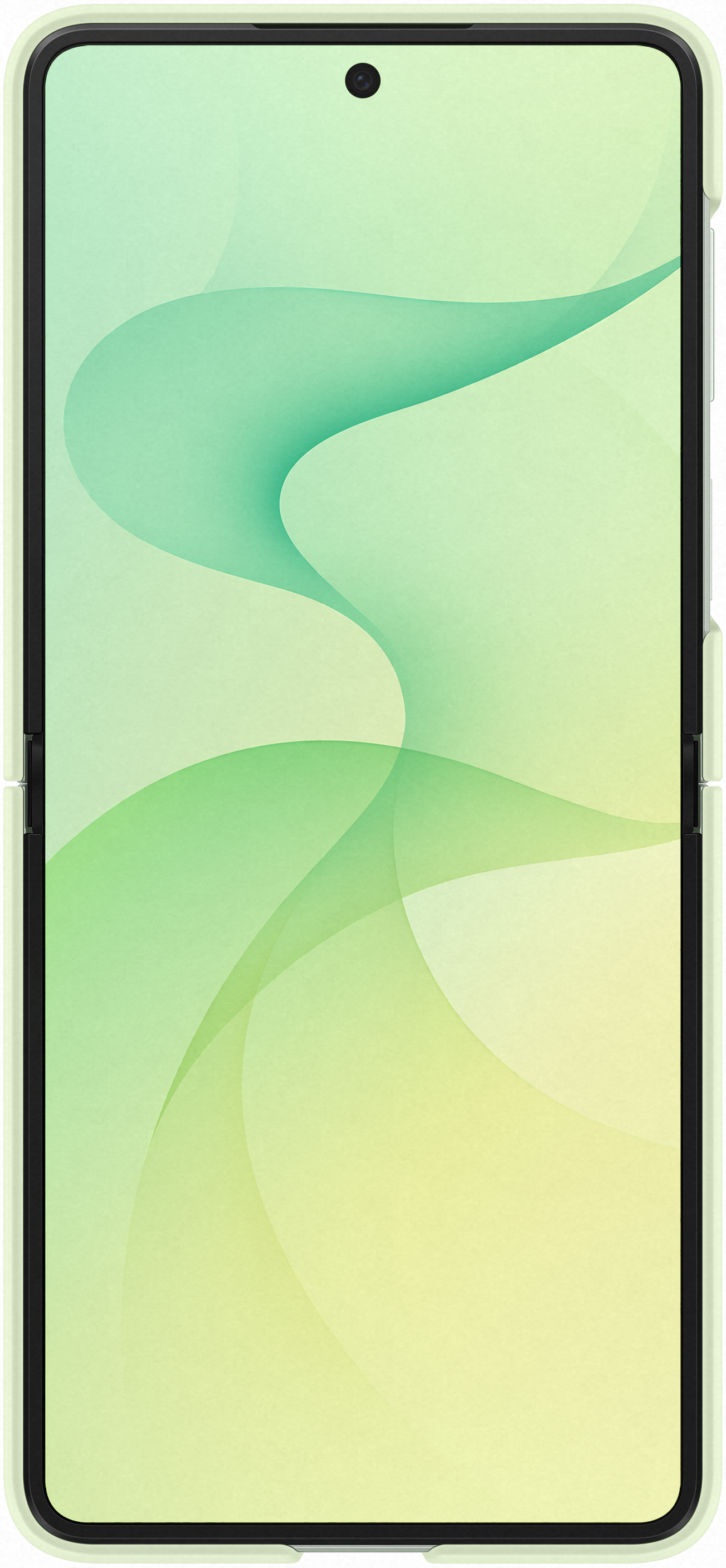 Uno smartphone giallo chiaro aperto con motivo a onde verdi sullo schermo.