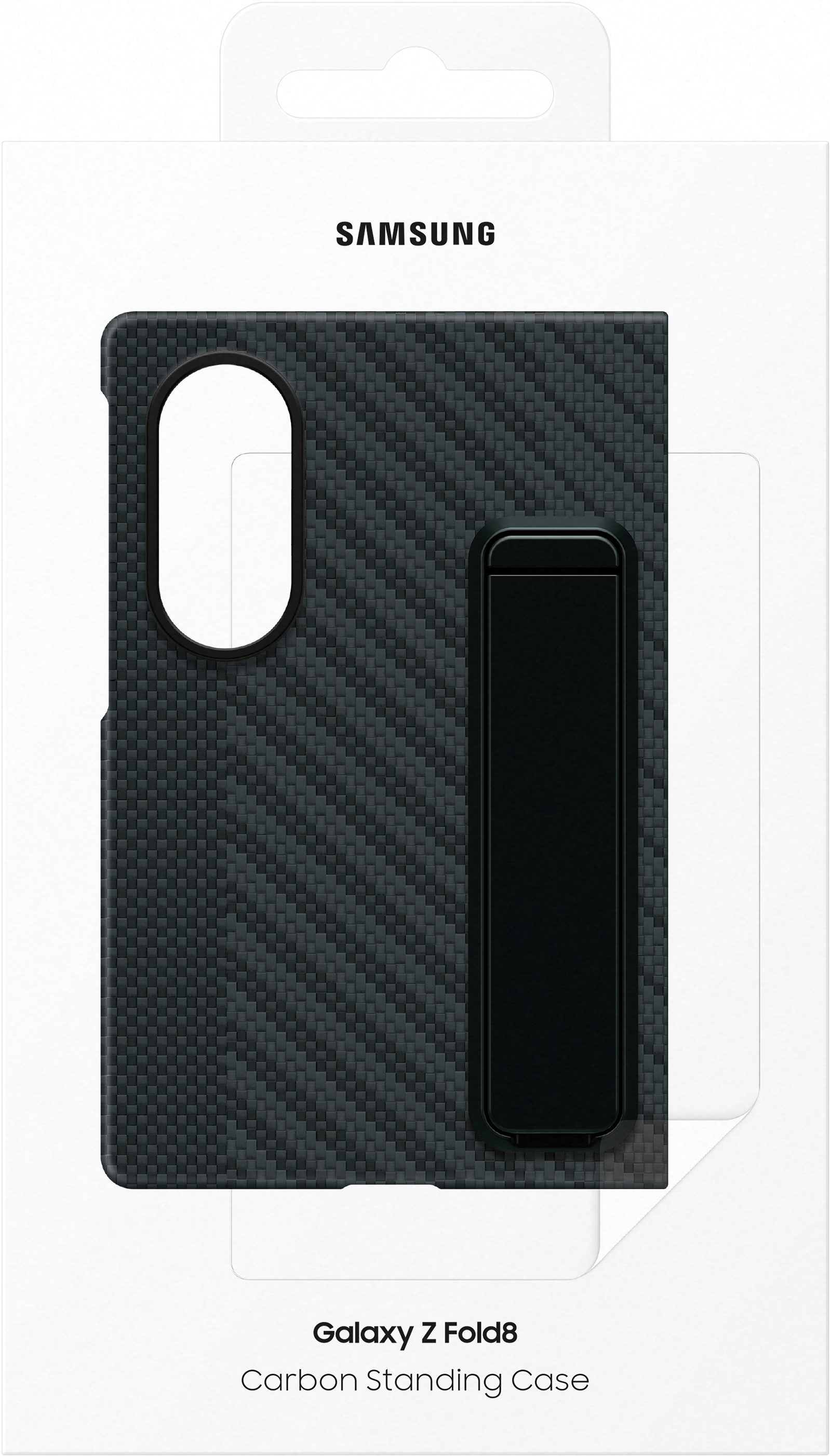 Confezione Samsung Galaxy Z Fold8 Carbon Standing Case con custodia in fibra di carbonio nera.