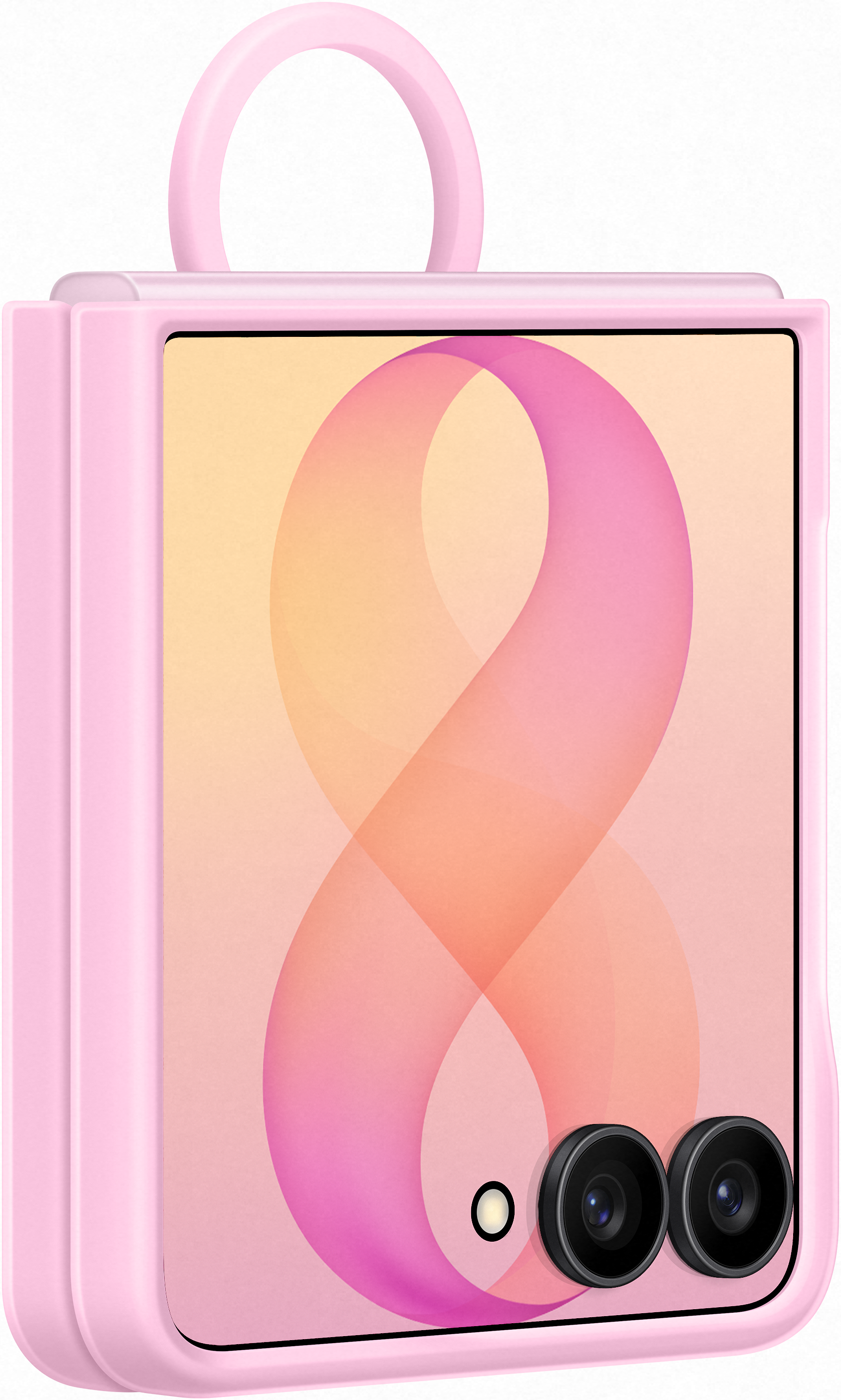 Uno smartphone rosa con un anello in alto e due fotocamere in basso.