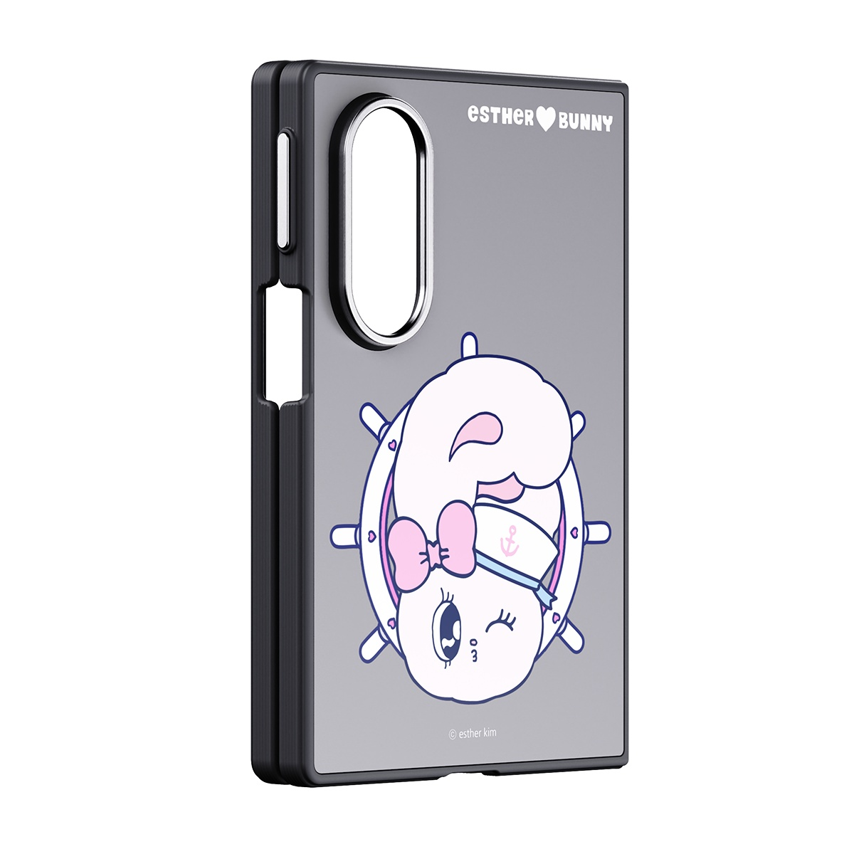 Denizci şapkalı tavşanlı Esther Bunny tasarımlı gri telefon kılıfı.