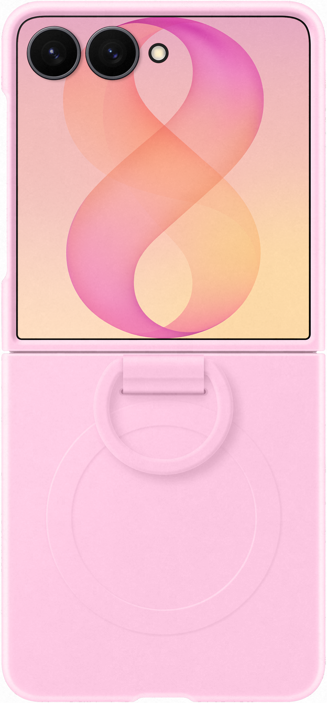 Uno smartphone rosa con schermo sfumato e due fotocamere.