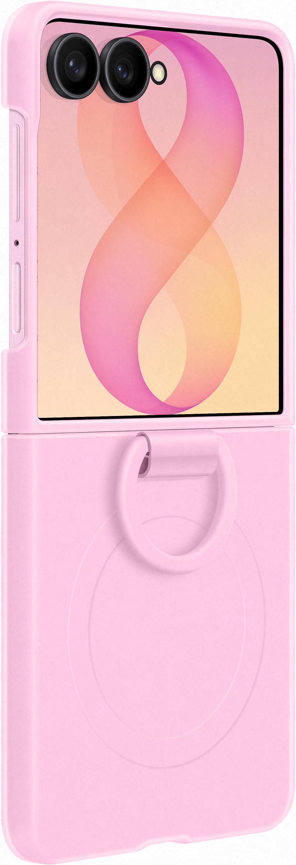 Un telefono flip rosa con doppia fotocamera e anello. Lo schermo mostra uno schema astratto.