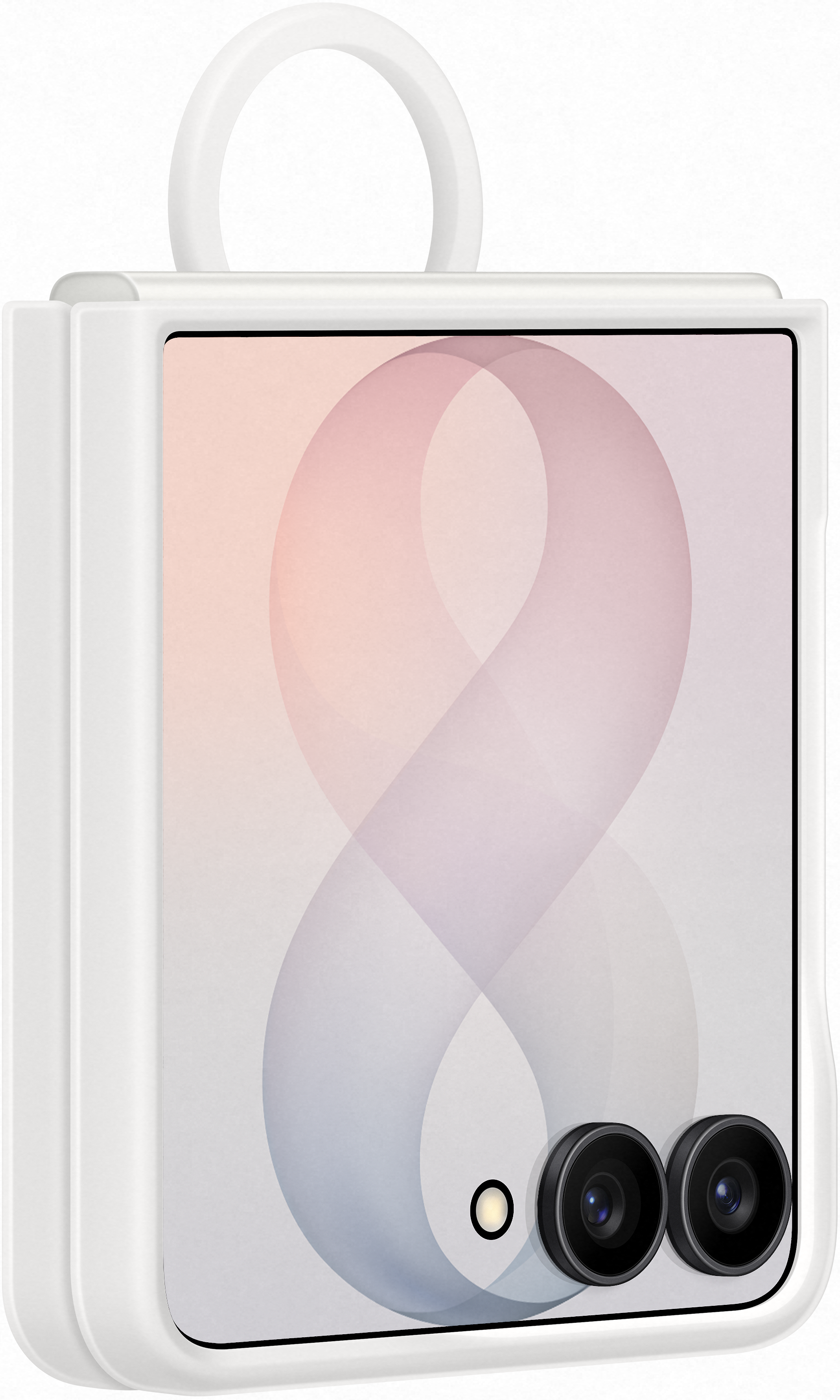 Un dispositivo rettangolare bianco con due fotocamere nere e una maniglia ad anello.