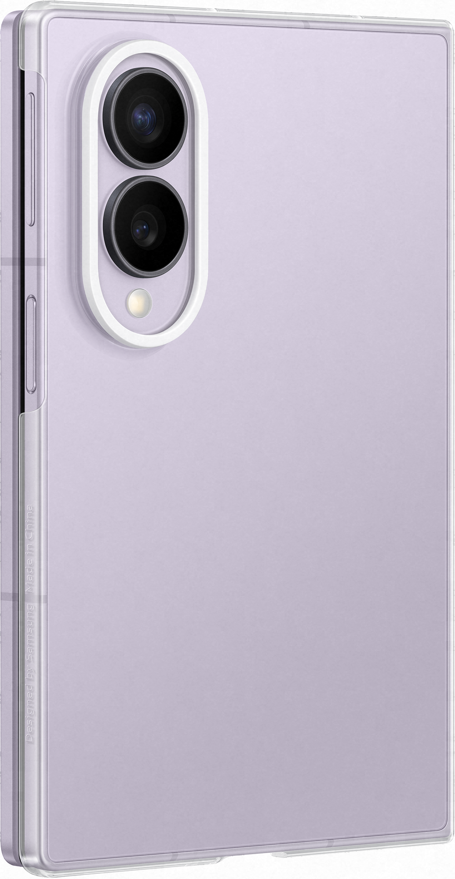 Uno smartphone viola con tripla fotocamera verticale e flash.