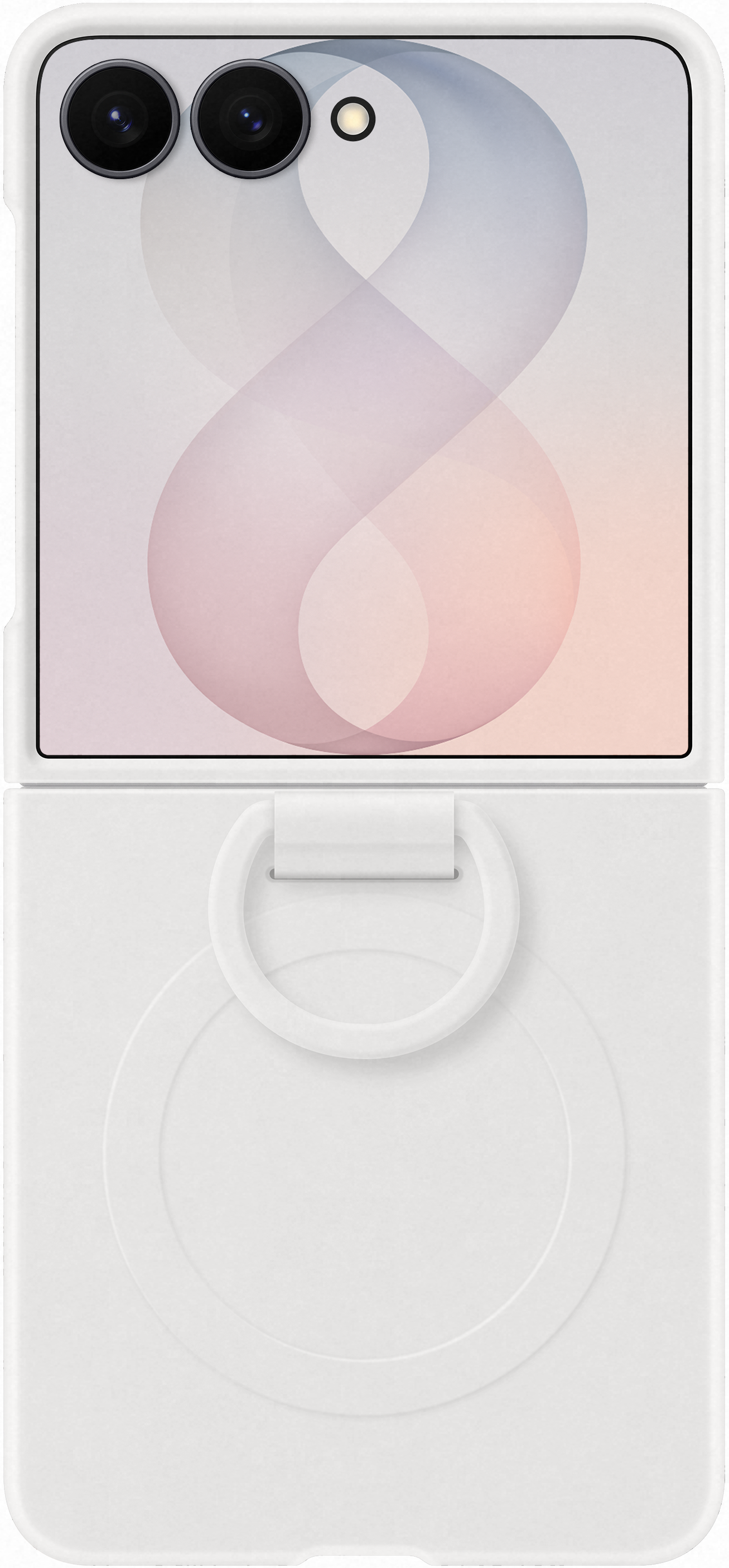 Uno smartphone bianco giace su uno sfondo grigio chiaro con accenti rosa.