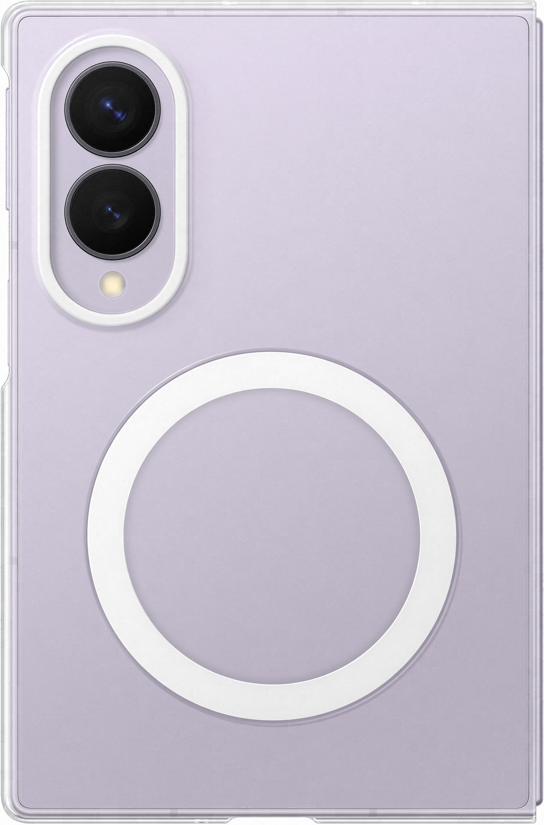 Una custodia viola per telefono con due fotocamere e un cerchio bianco.