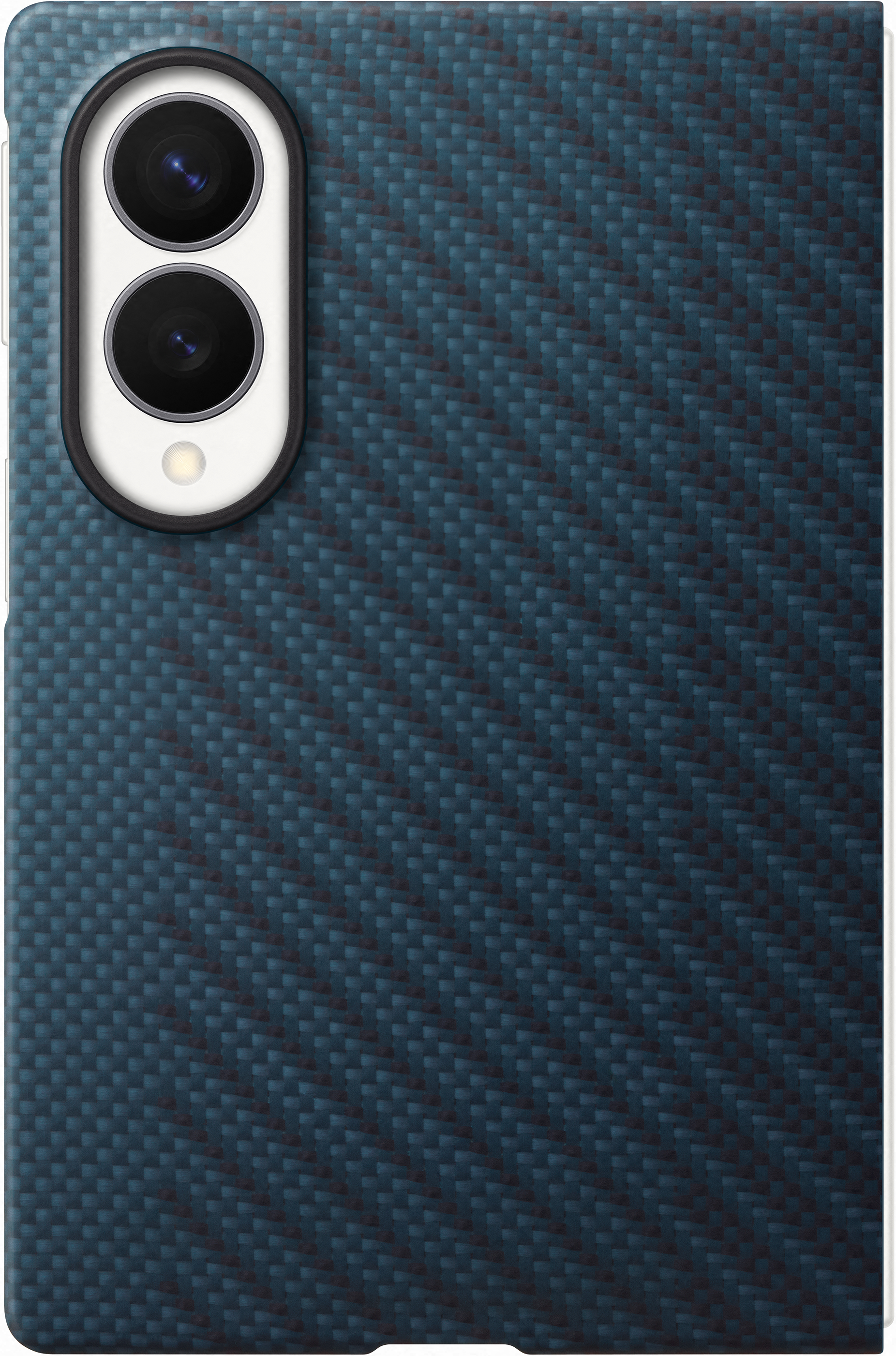 Retro di una custodia per telefono blu con fotocamere e flash.