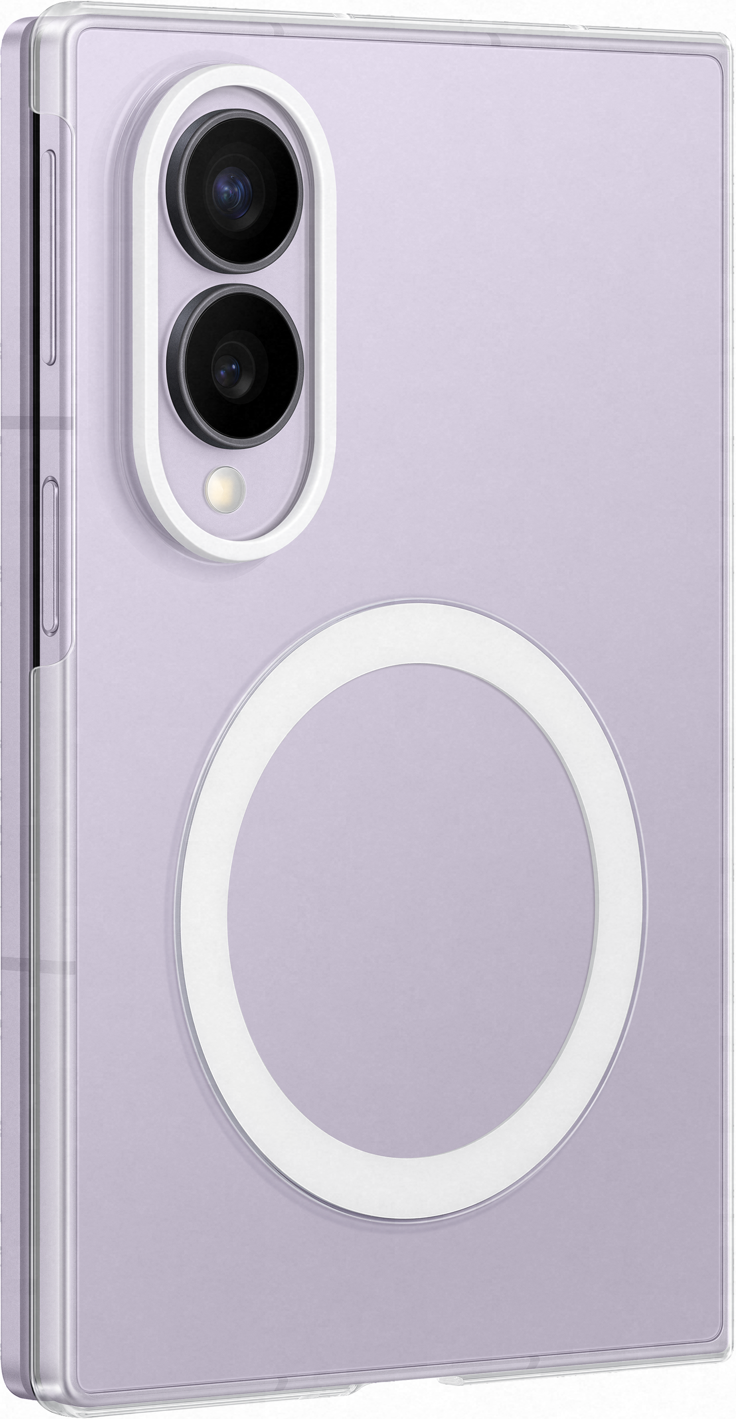 Custodia viola per telefono con ritaglio fotocamera e anello MagSafe.
