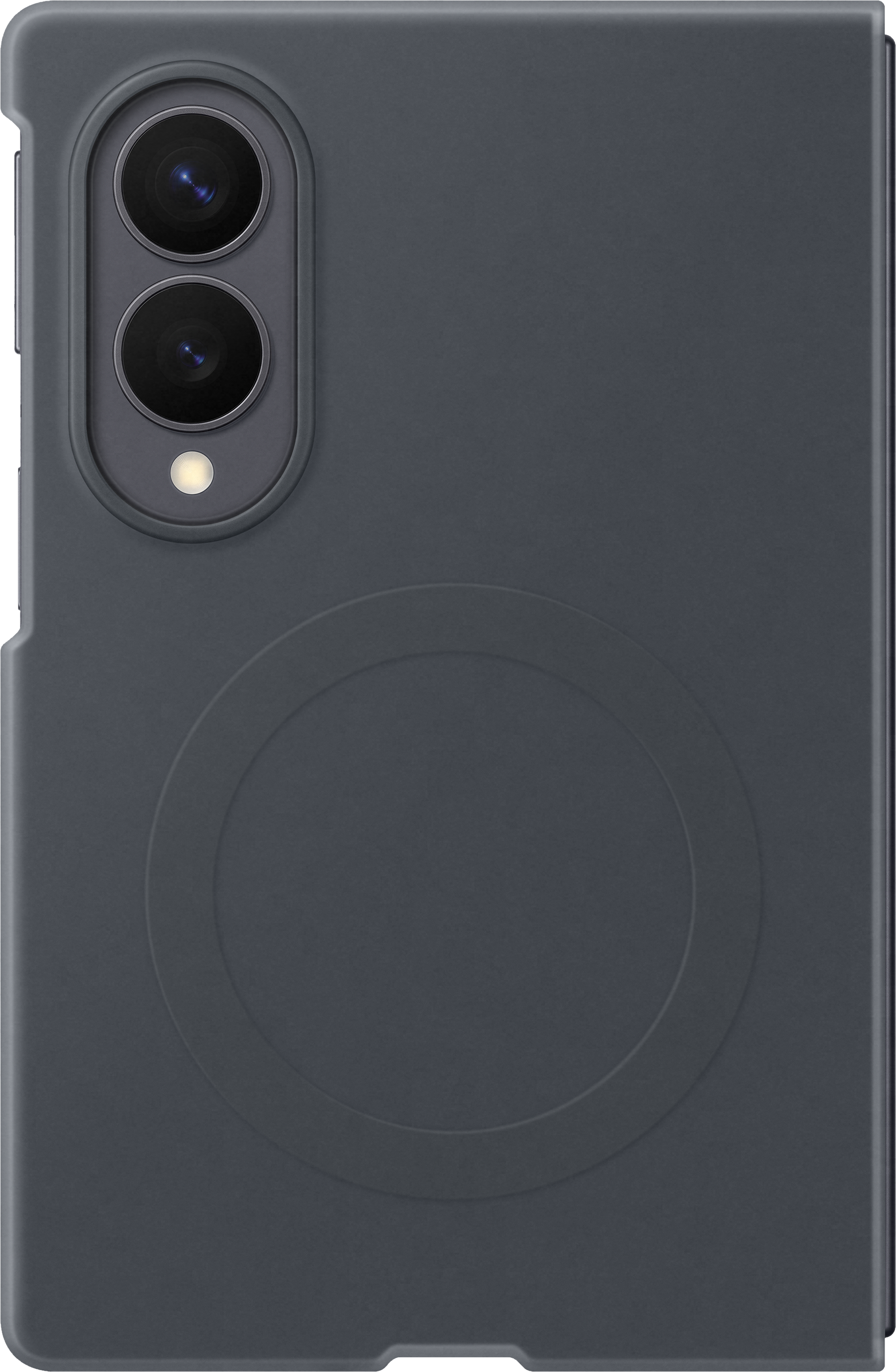Custodia grigio scuro per telefono con due obiettivi e flash in alto a sinistra.