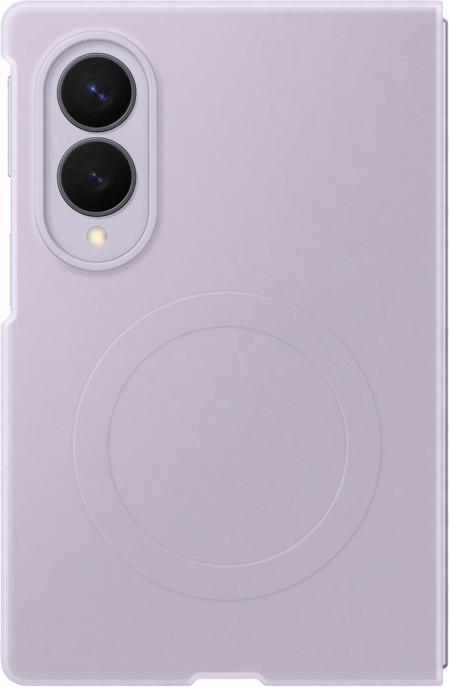Custodia viola chiaro per telefono con due lenti e flash. Motivo circolare.