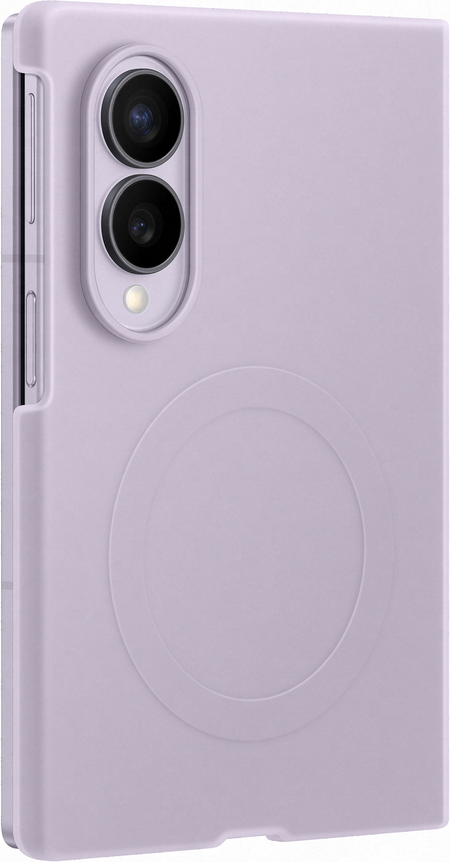 Una cover viola con design circolare rialzato e ritaglio per fotocamera.