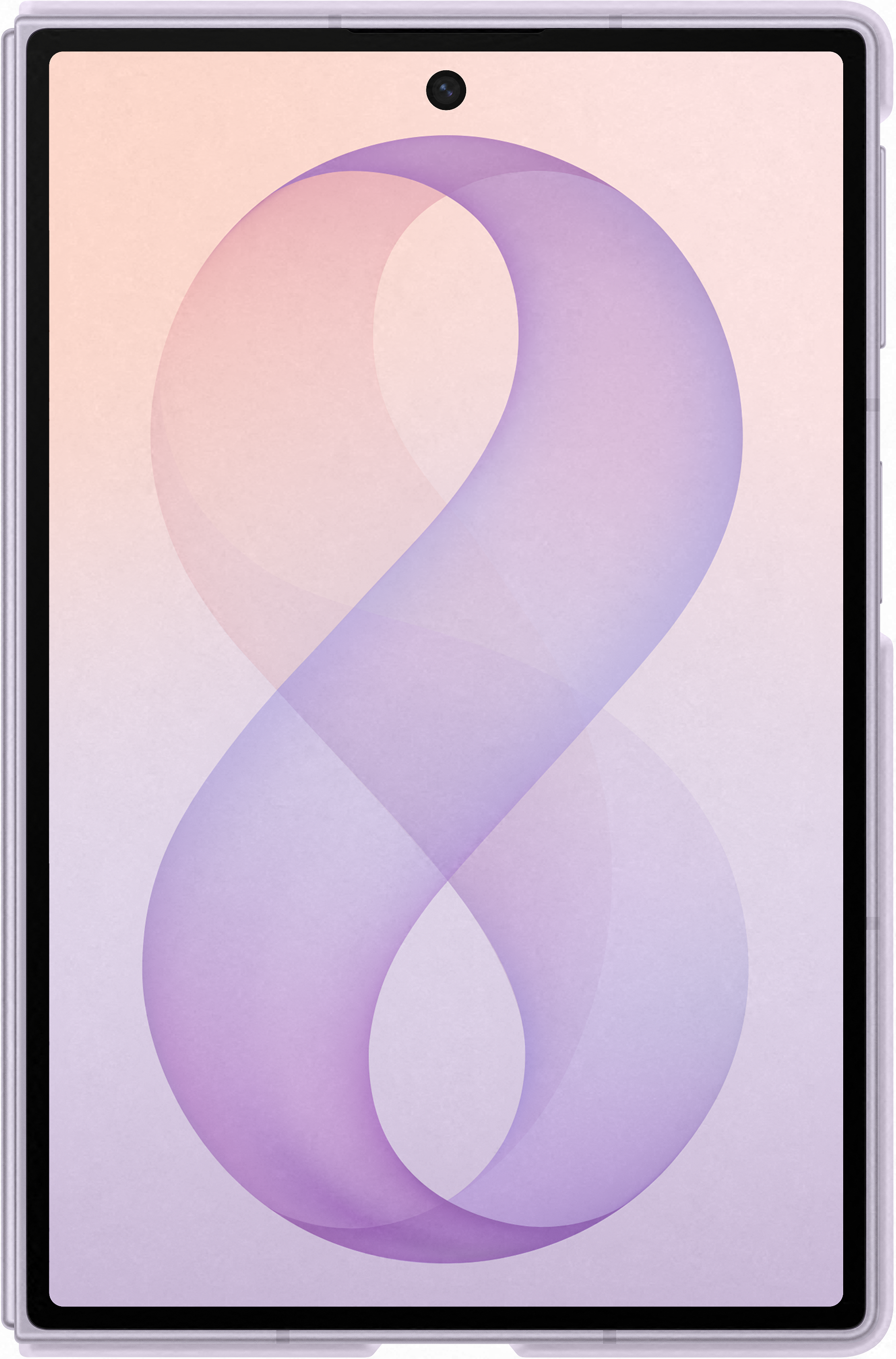 Un tablet con uno sfondo viola e pesca e una grafica a forma di 8.