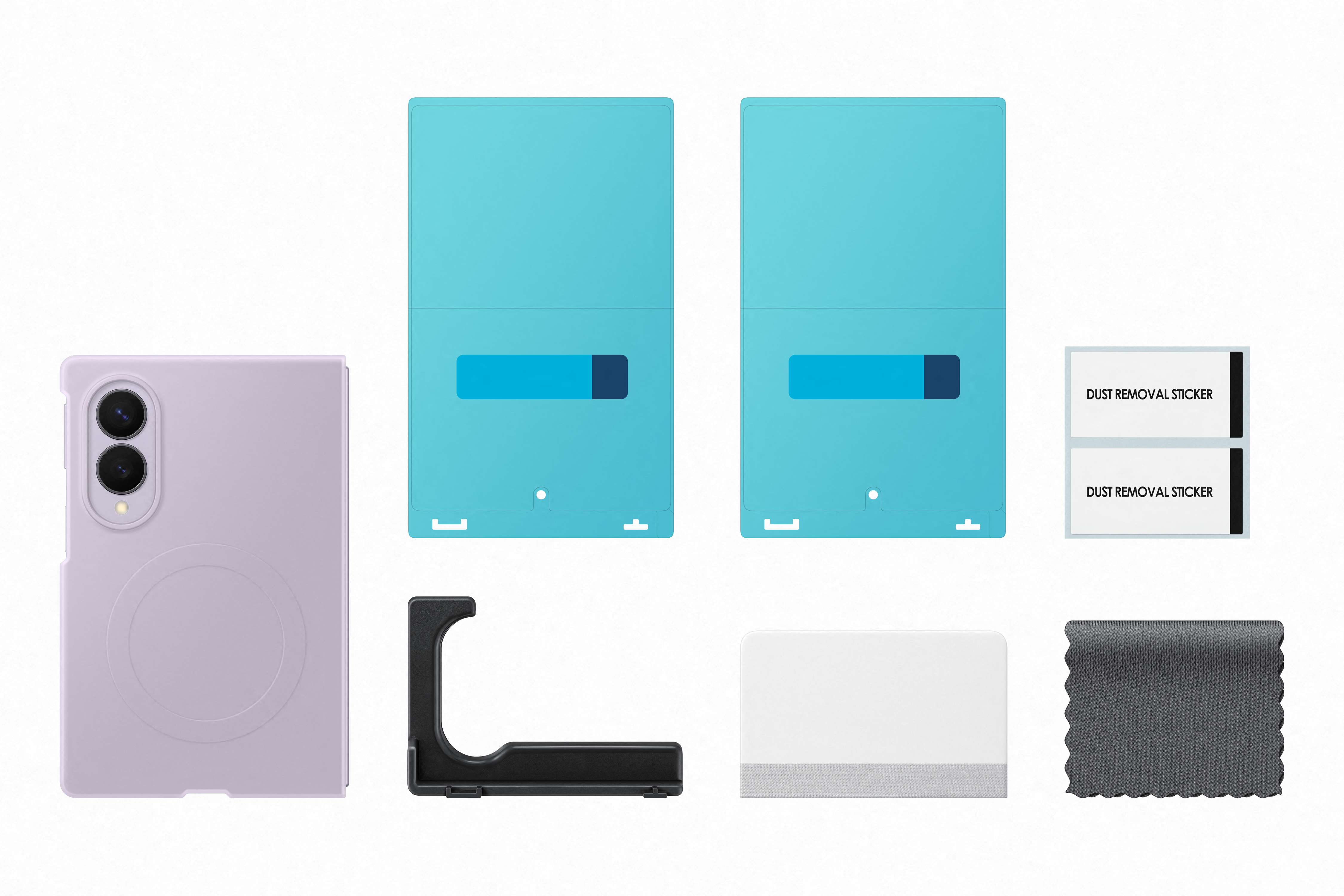 Una cover viola per telefono, protezioni schermo blu, supporto nero, adesivi e panno.