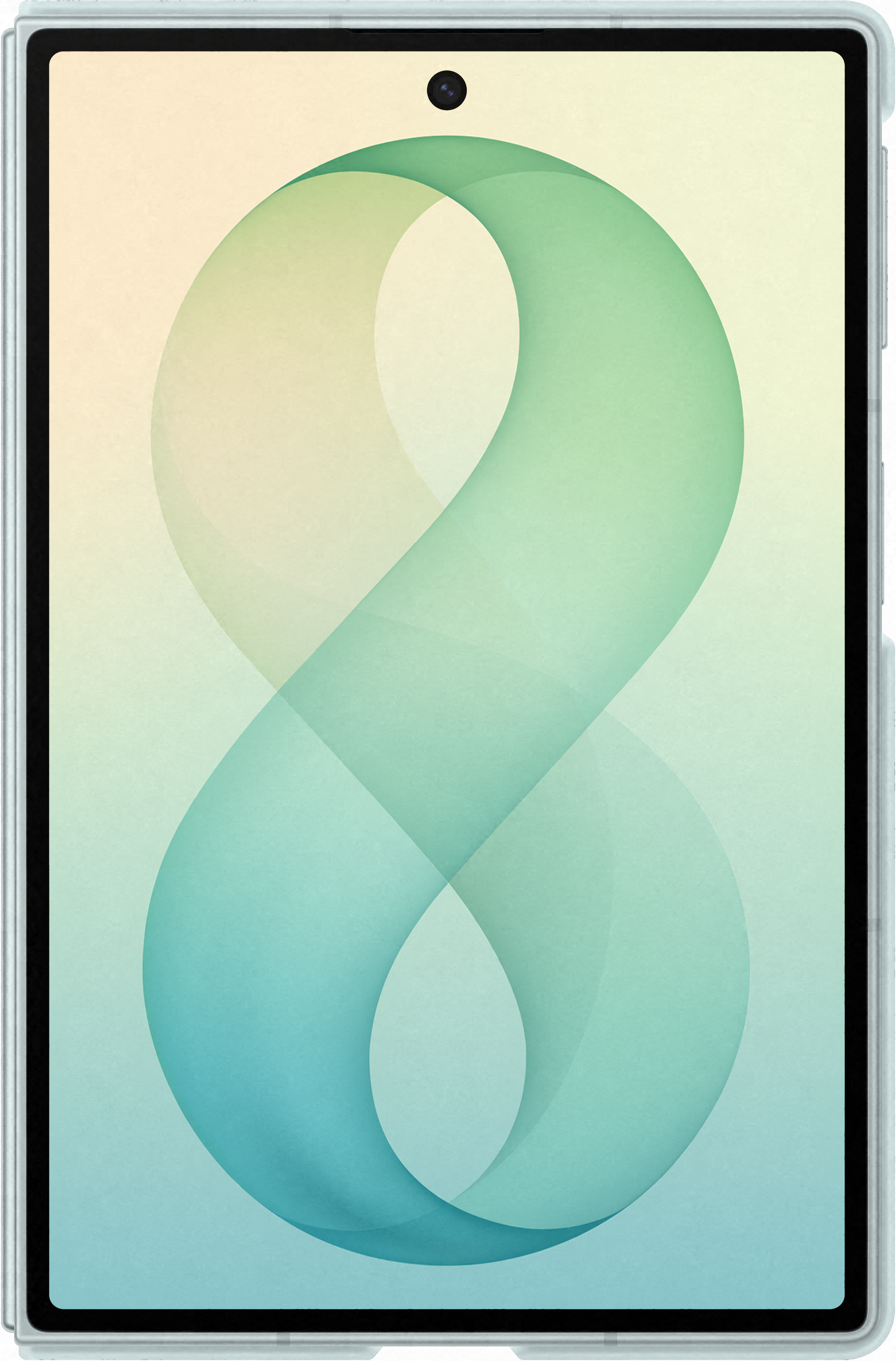 Ein Tablet mit einem Hintergrundbild einer geschwungenen 8 in Blau- und Grüntönen.
