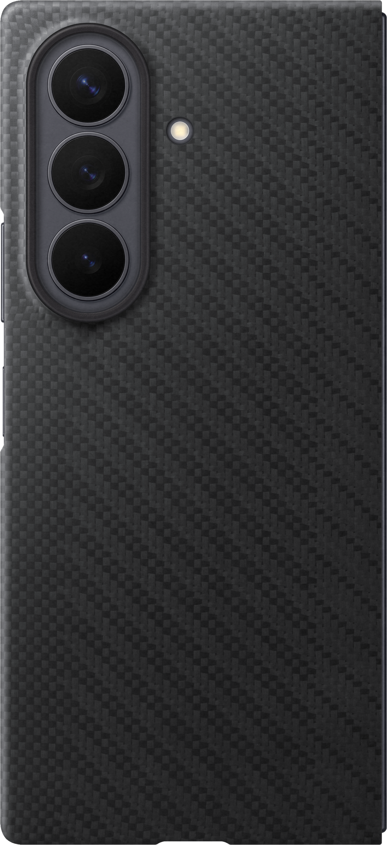 Retro di un telefono nero con motivo in fibra di carbonio e tre fotocamere.