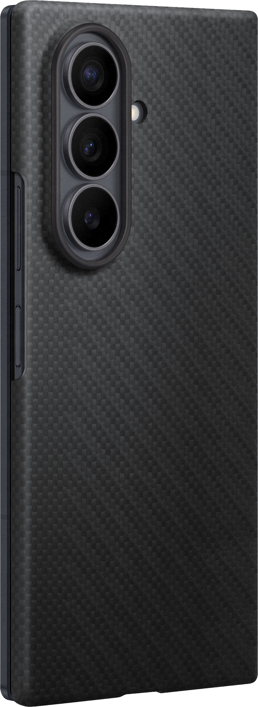 Retro di uno smartphone nero con motivo in carbonio e tre obiettivi.