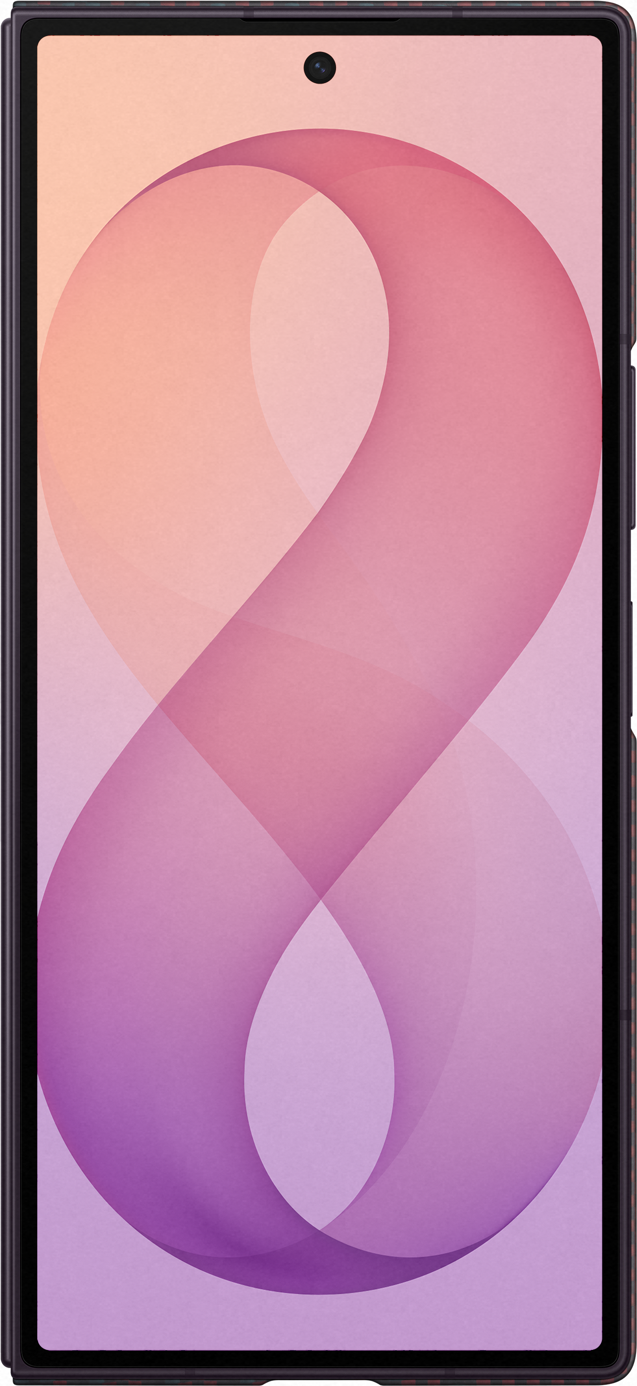 Uno smartphone con un motivo astratto viola e rosa sullo schermo.