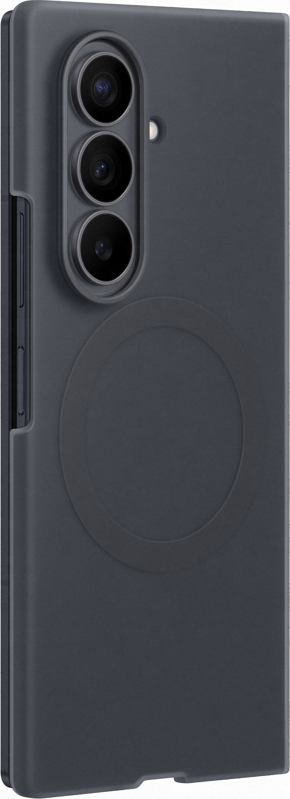 Telefono grigio scuro con tre fotocamere e un cerchio sul retro.