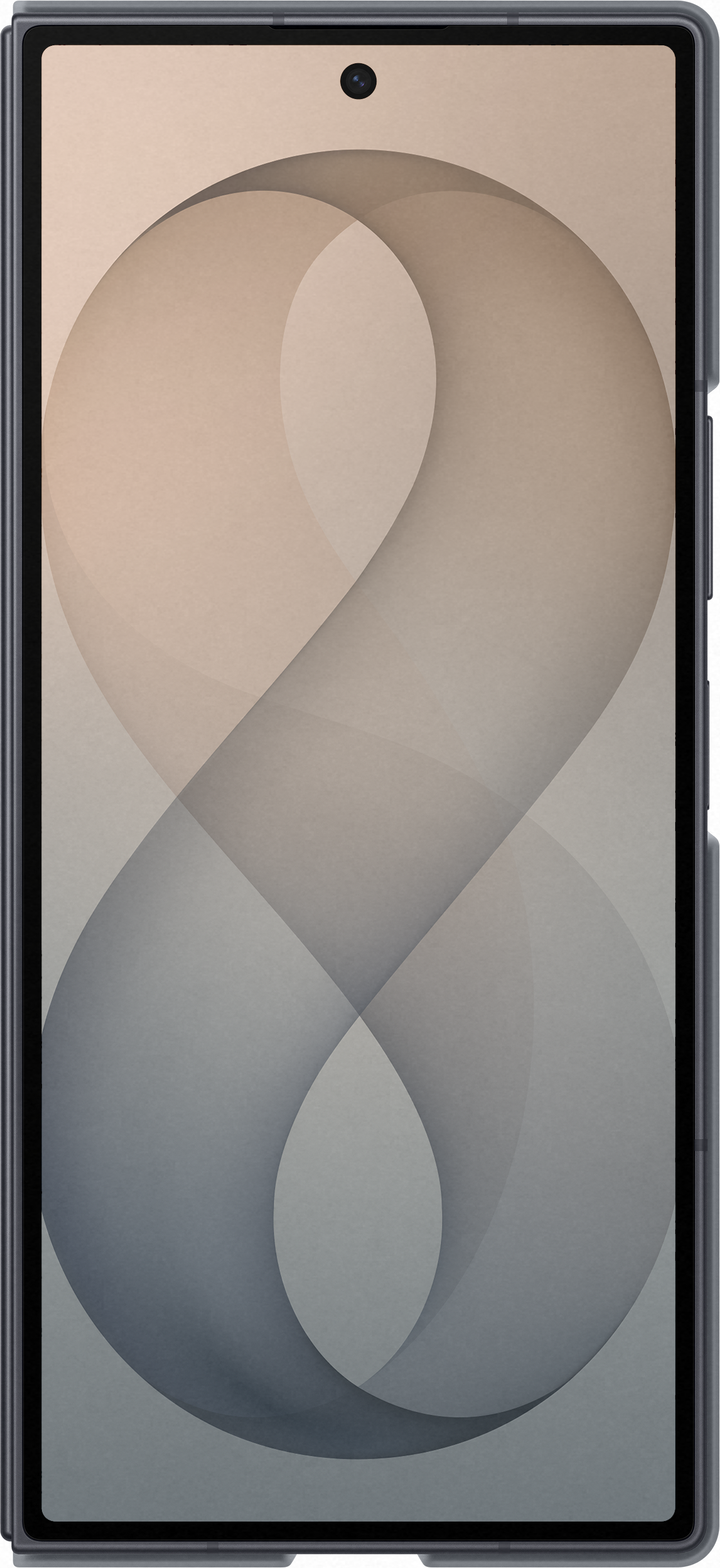 Uno smartphone con uno sfondo astratto e curvo nei toni del beige e del grigio.