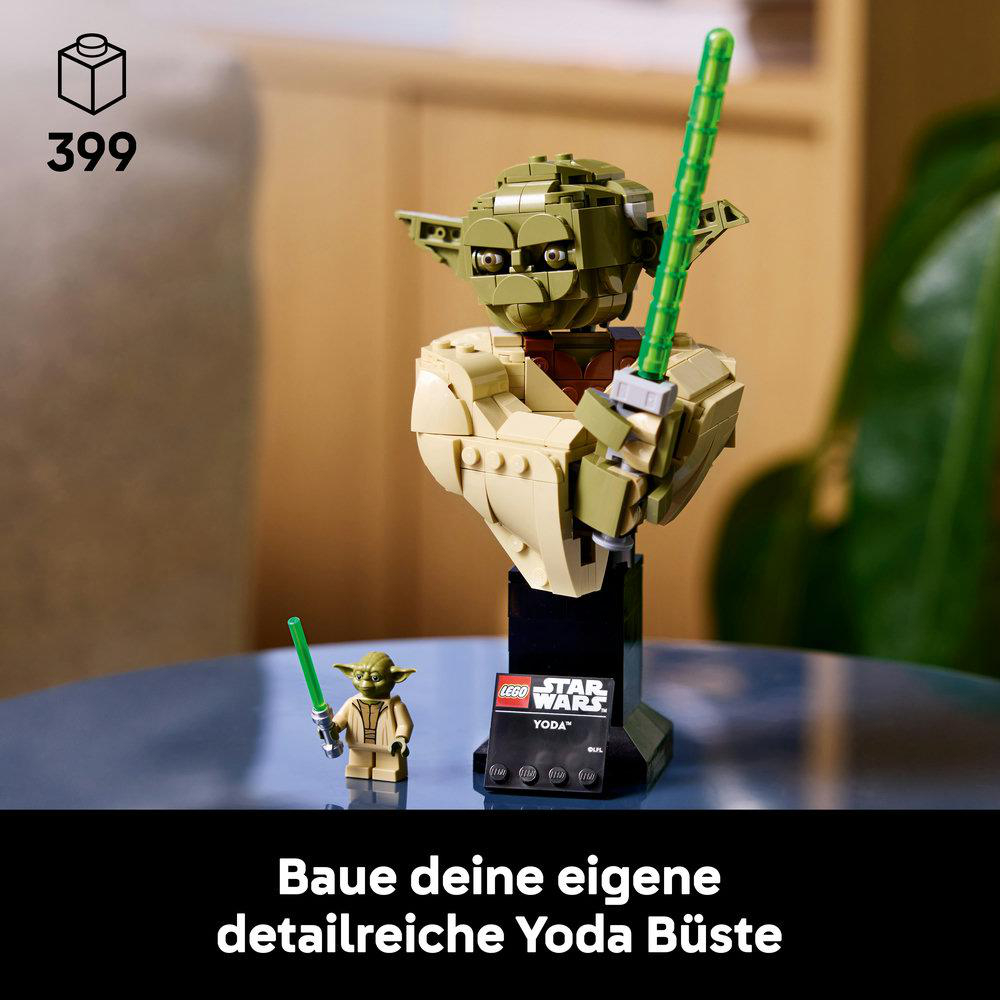 LEGO Star Wars Yoda-Büste mit Minifigur und Lichtschwert.